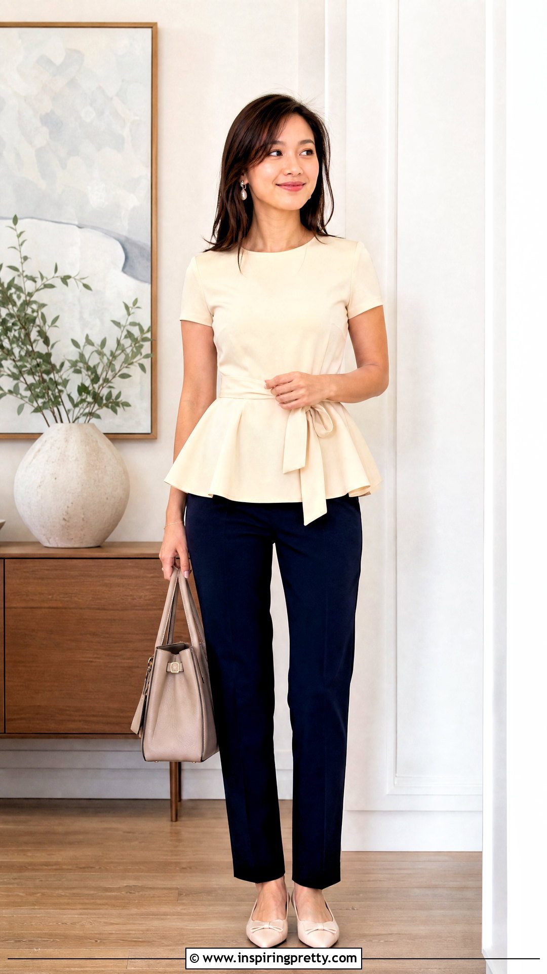 Ribbon Peplum Top With Slim Pants - 50 ribbon top outfit ideas