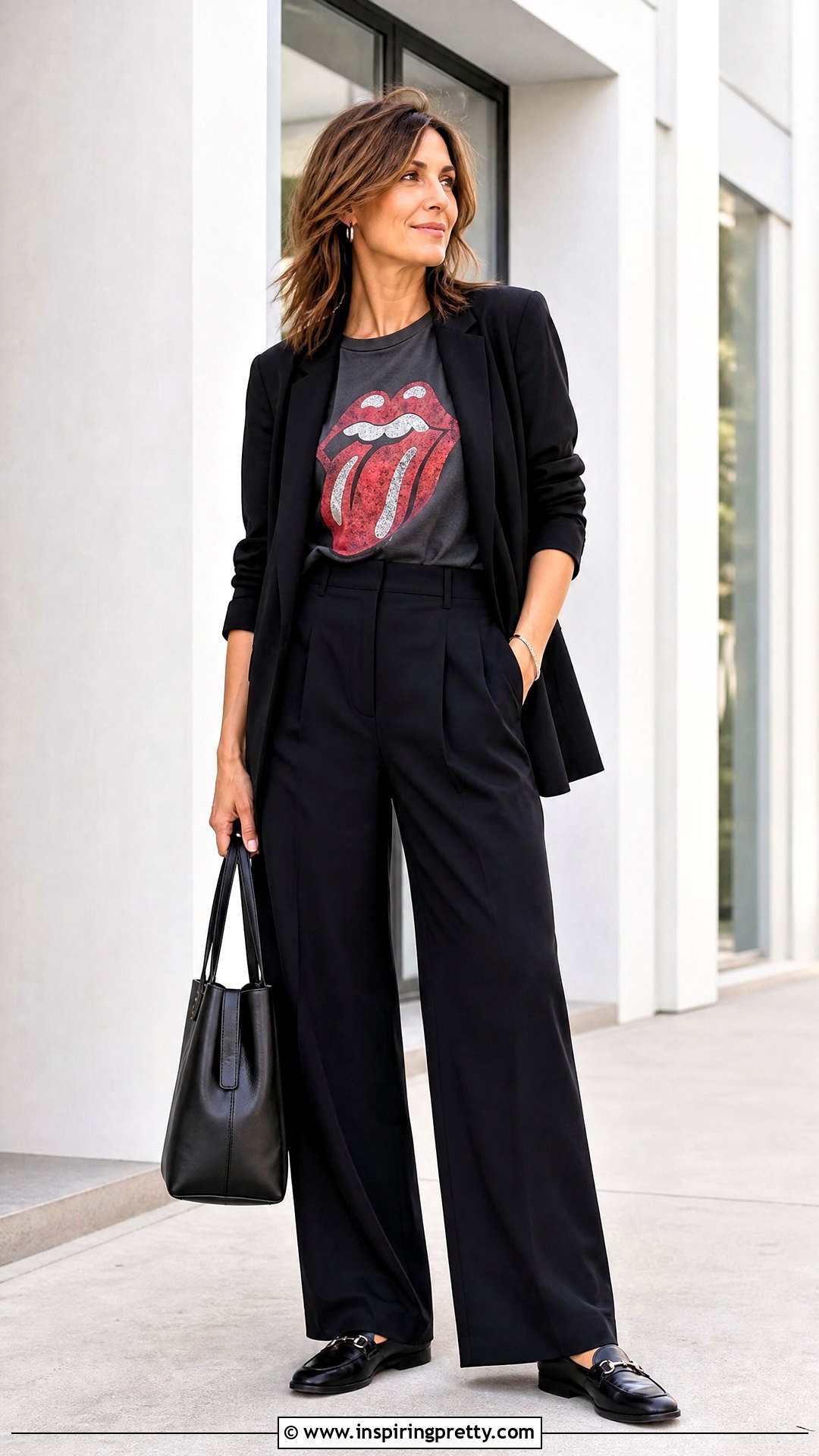Rolling Stones Tee With Black Blazer And Trousers - 20 Rolling Stones Tops outfit ideas