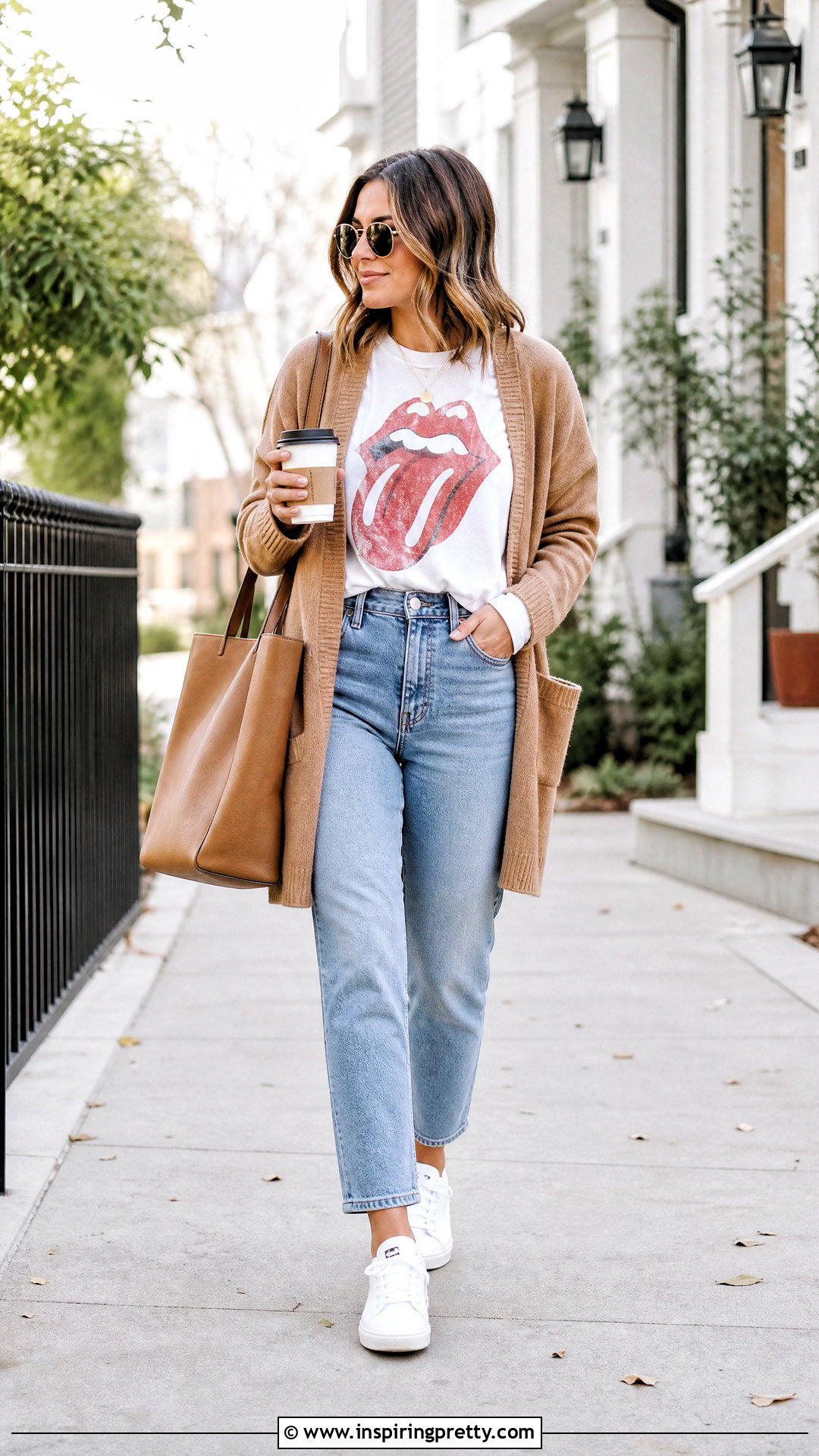 Rolling Stones Tee With Cardigan And Mom Jeans - 20 Rolling Stones Tops outfit ideas