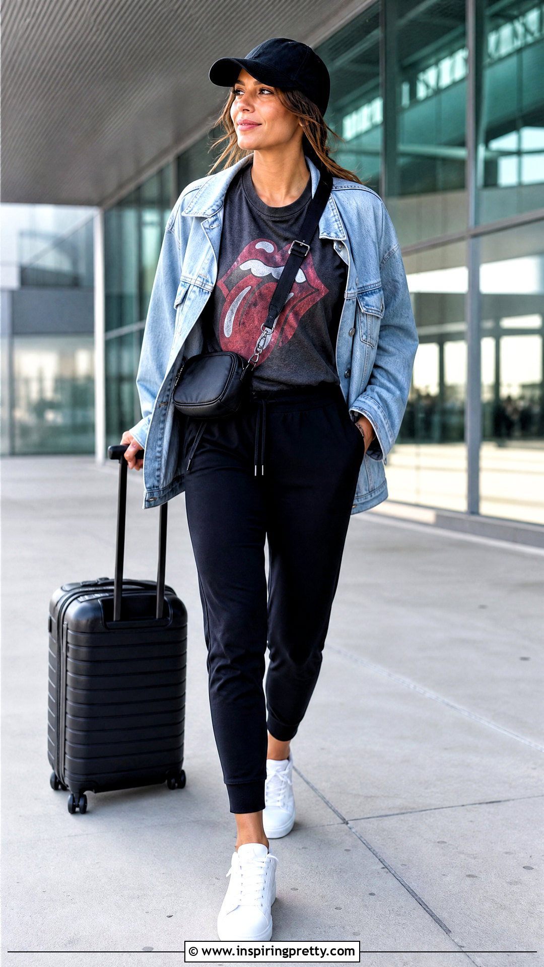 Rolling Stones Tee With Oversized Denim Jacket And Joggers - 20 Rolling Stones Tops outfit ideas