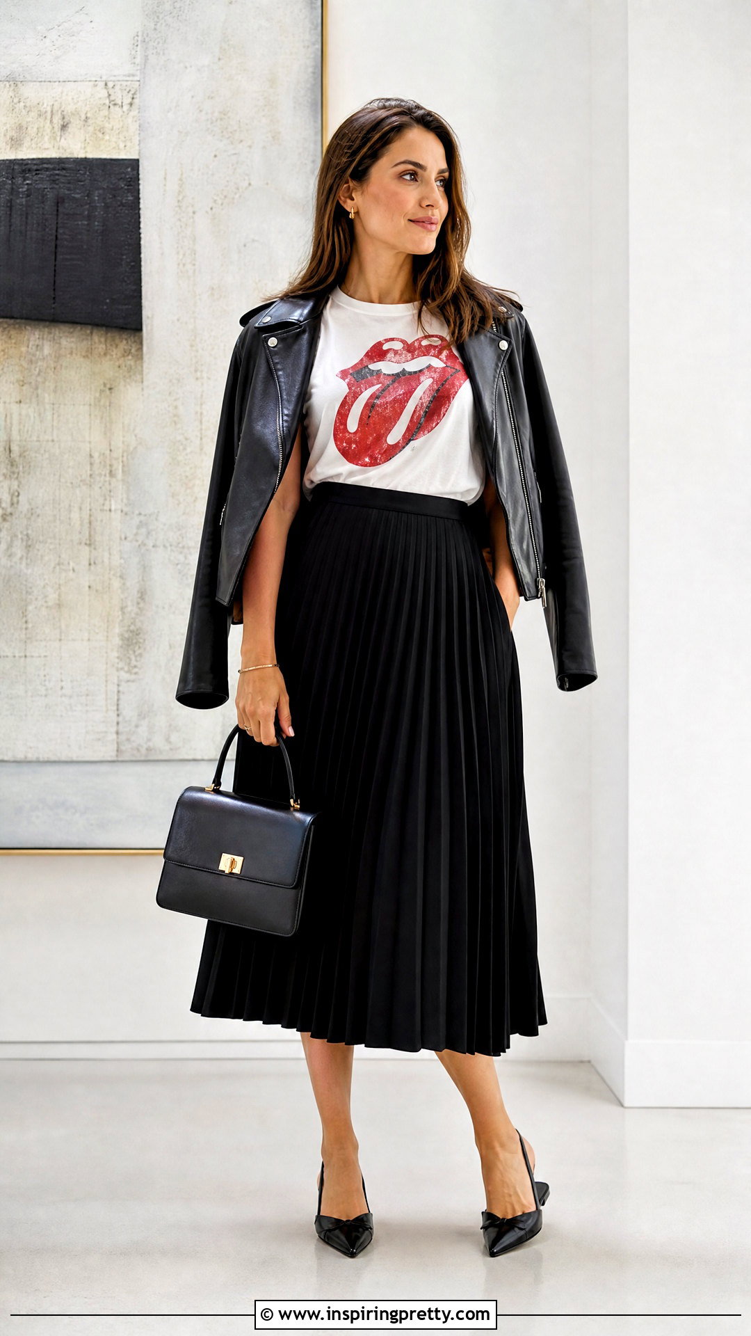 Rolling Stones Tee With Pleated Midi Skirt - 20 Rolling Stones Tops outfit ideas