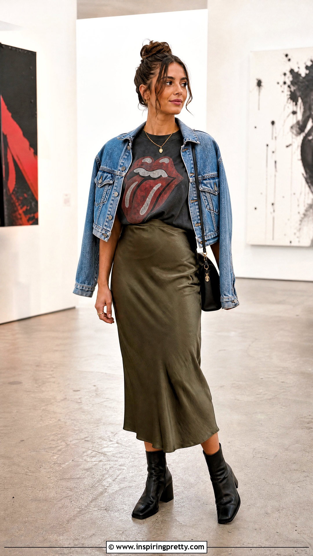 Rolling Stones Tee With Satin Midi Skirt - 20 Rolling Stones Tops outfit ideas