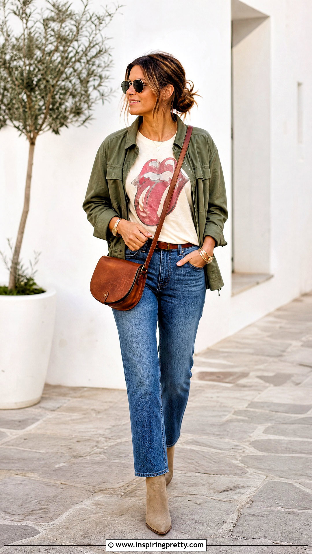 Rolling Stones Tee With Utility Jacket And Jeans - 20 Rolling Stones Tops outfit ideas
