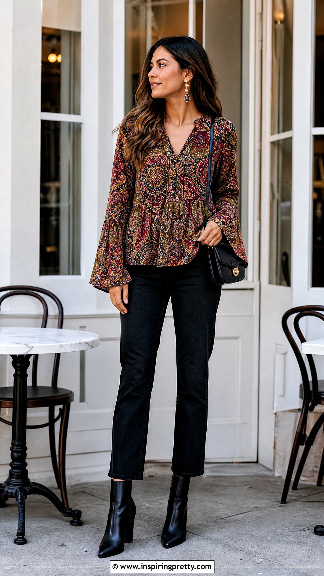 Rose And Olive Bell Sleeve Top With Black Jeans - 20 rose and olive tops outfit ideas