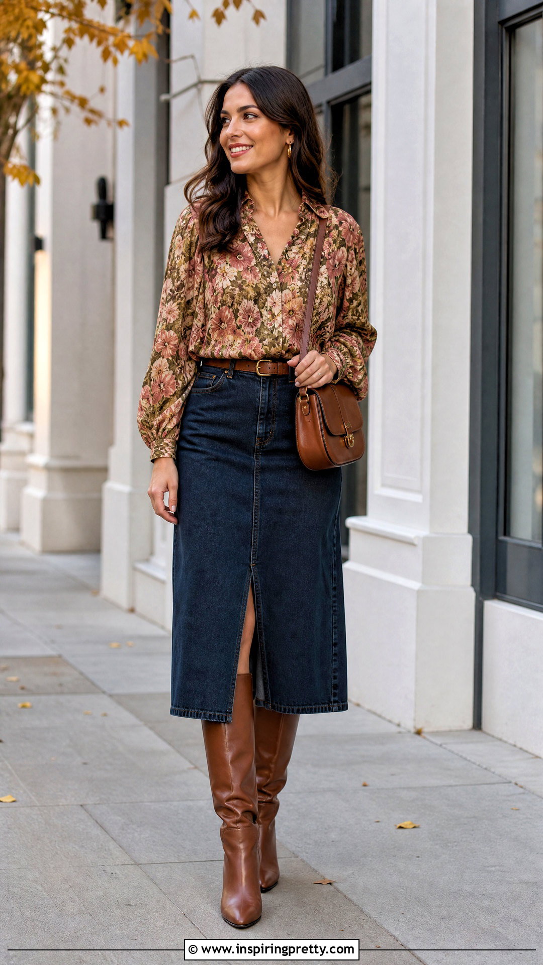 Rose And Olive Blouse With Denim Midi Skirt - 20 rose and olive tops outfit ideas