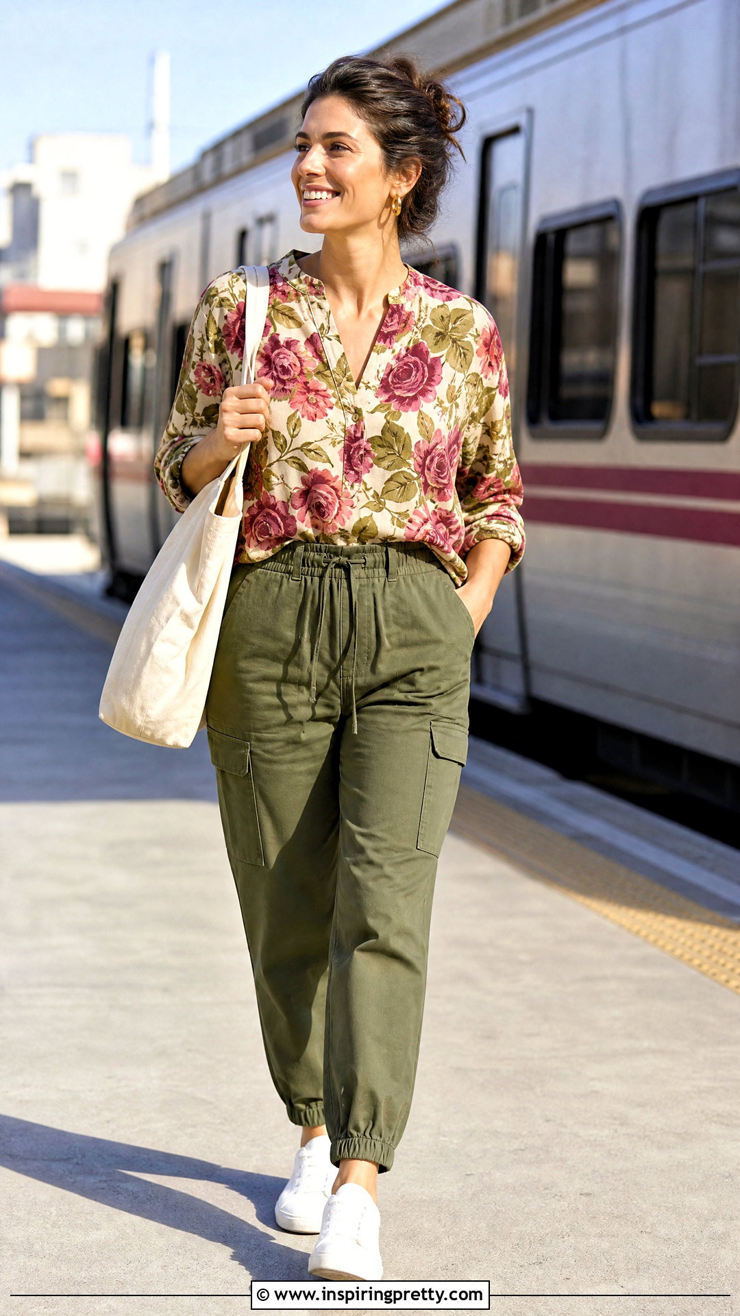 Rose And Olive Printed Top With Olive Cargo Pants - 20 rose and olive tops outfit ideas