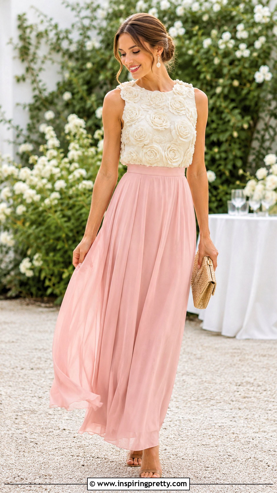 Rose Applique Top With Flowing Maxi Skirt And Sandals - 25 rose applique top outfit ideas