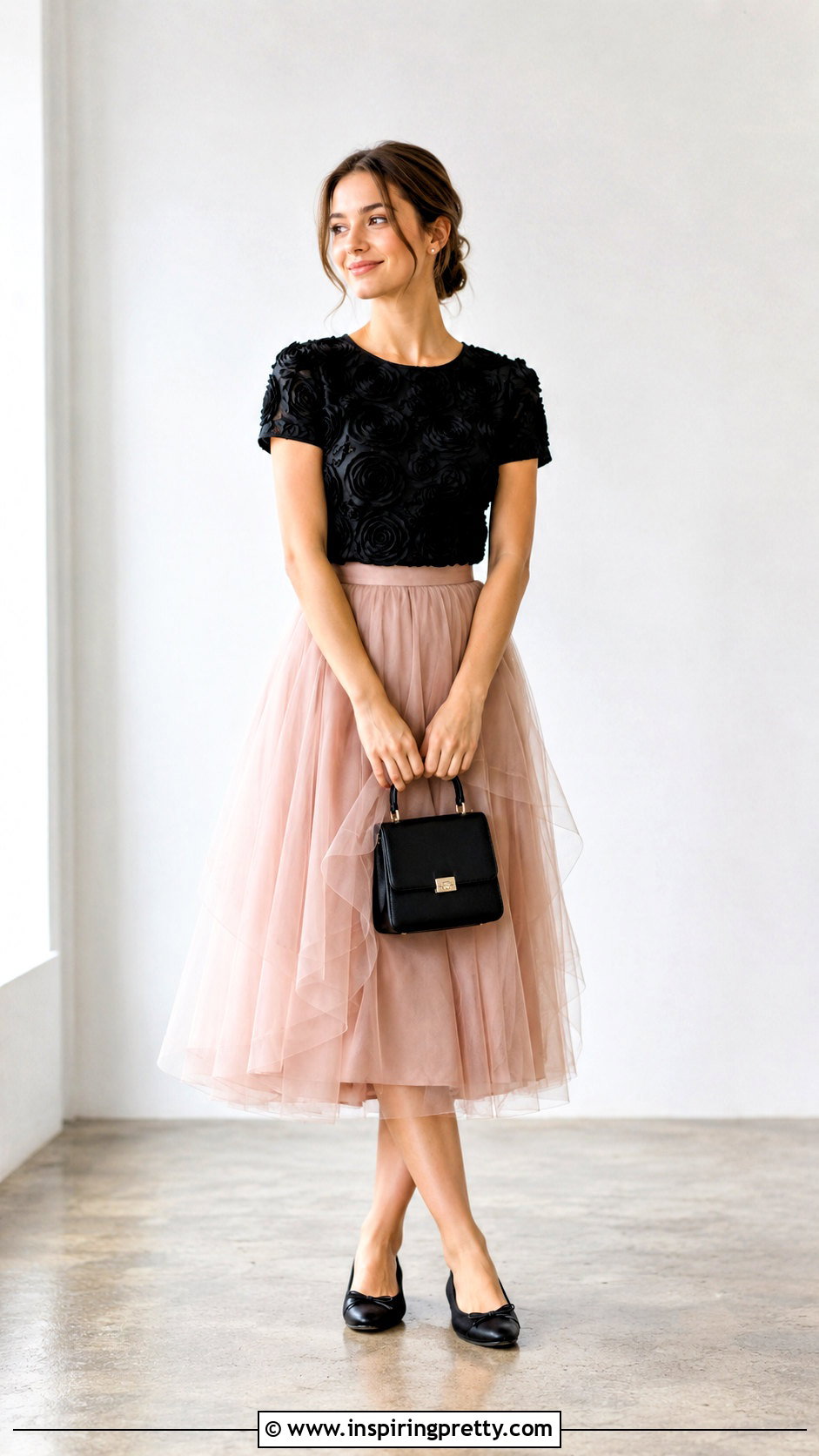 Rose Applique Top With Tulle Midi Skirt And Ballet Flats - 25 rose applique top outfit ideas