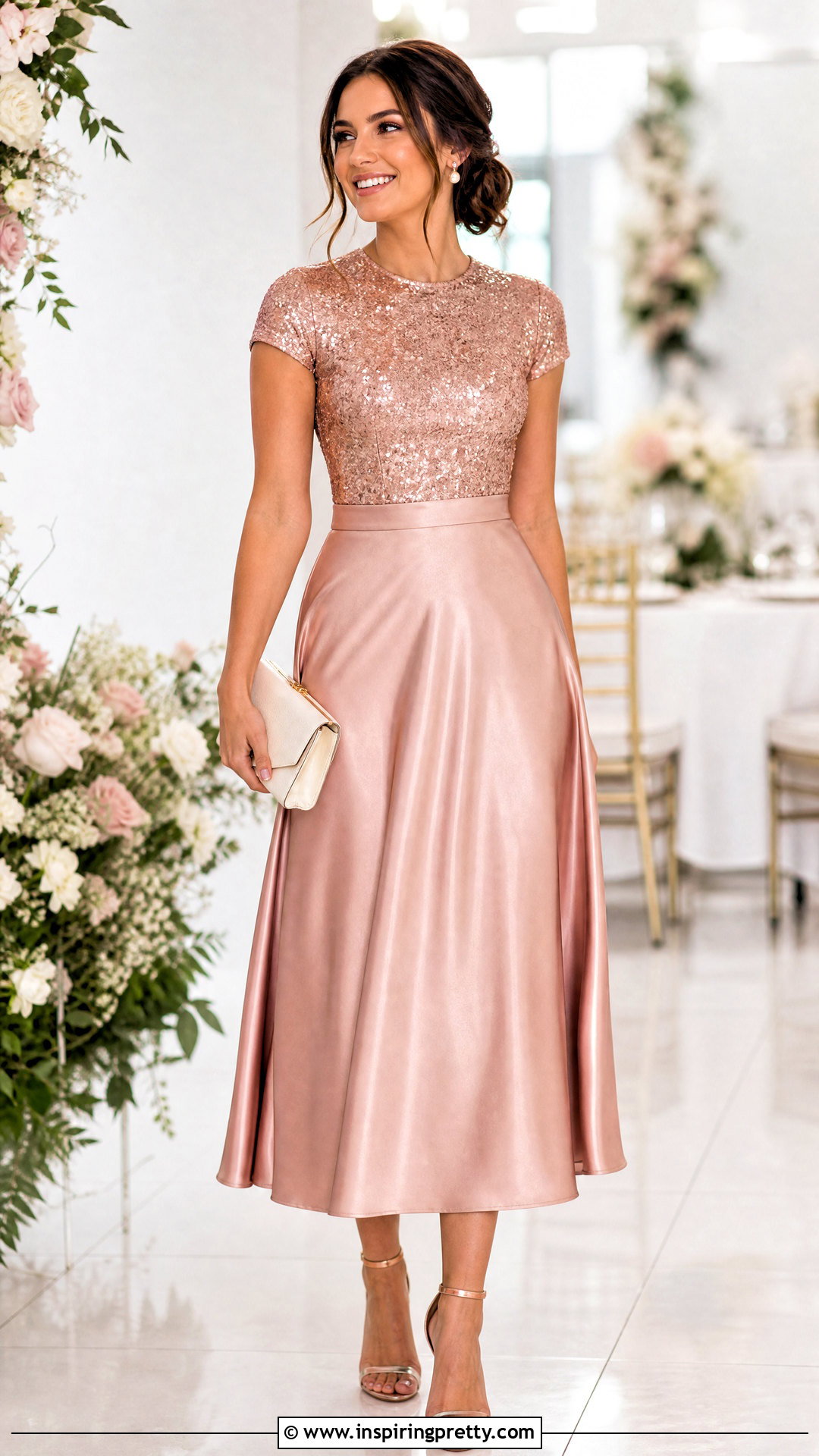 Rose Gold Glittery Top With Blush Skirt - 50 glittery top outfits