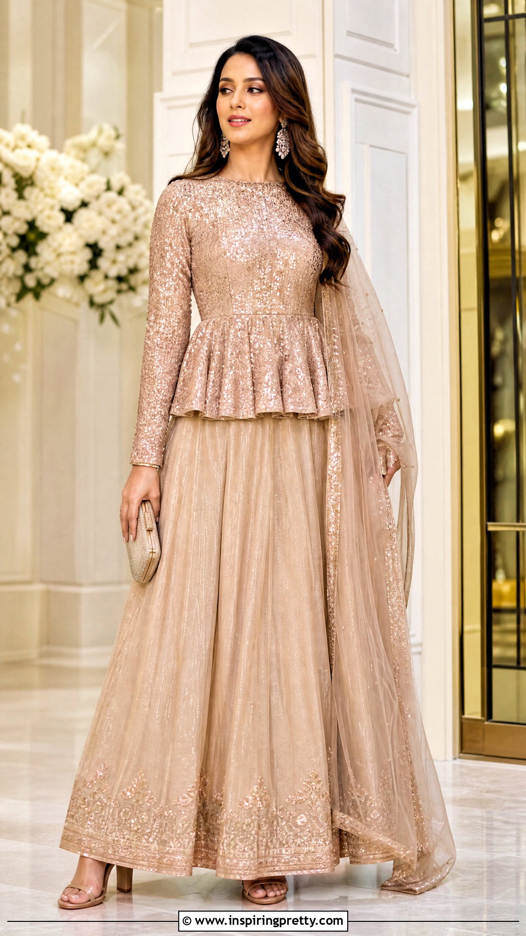 Rose Gold Indian Peplum Top With Champagne Lehenga - 50 indian peplum top outfits