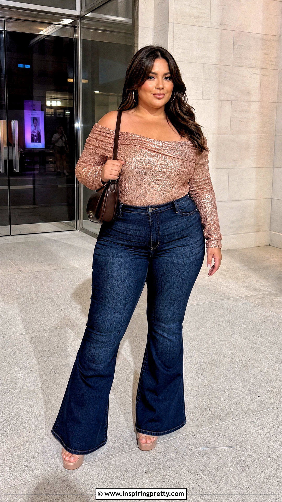 Rose Gold Off The Shoulder Sparkly Top With Flare Jeans - 25 off the shoulder sparkly top outfit ideas