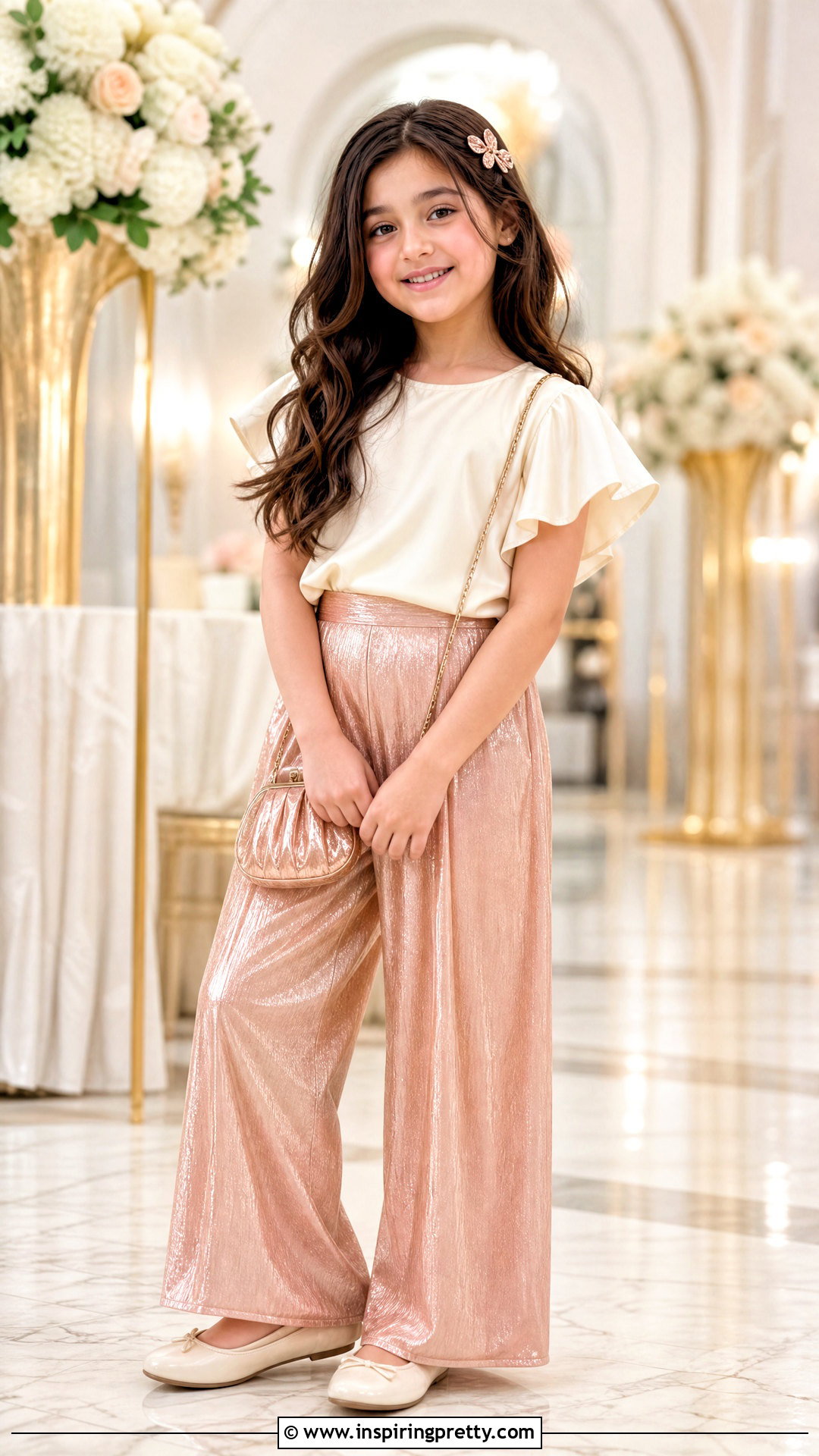 Rose Gold Palazzo With Cream Satin Top - 50 kids plazo with tops