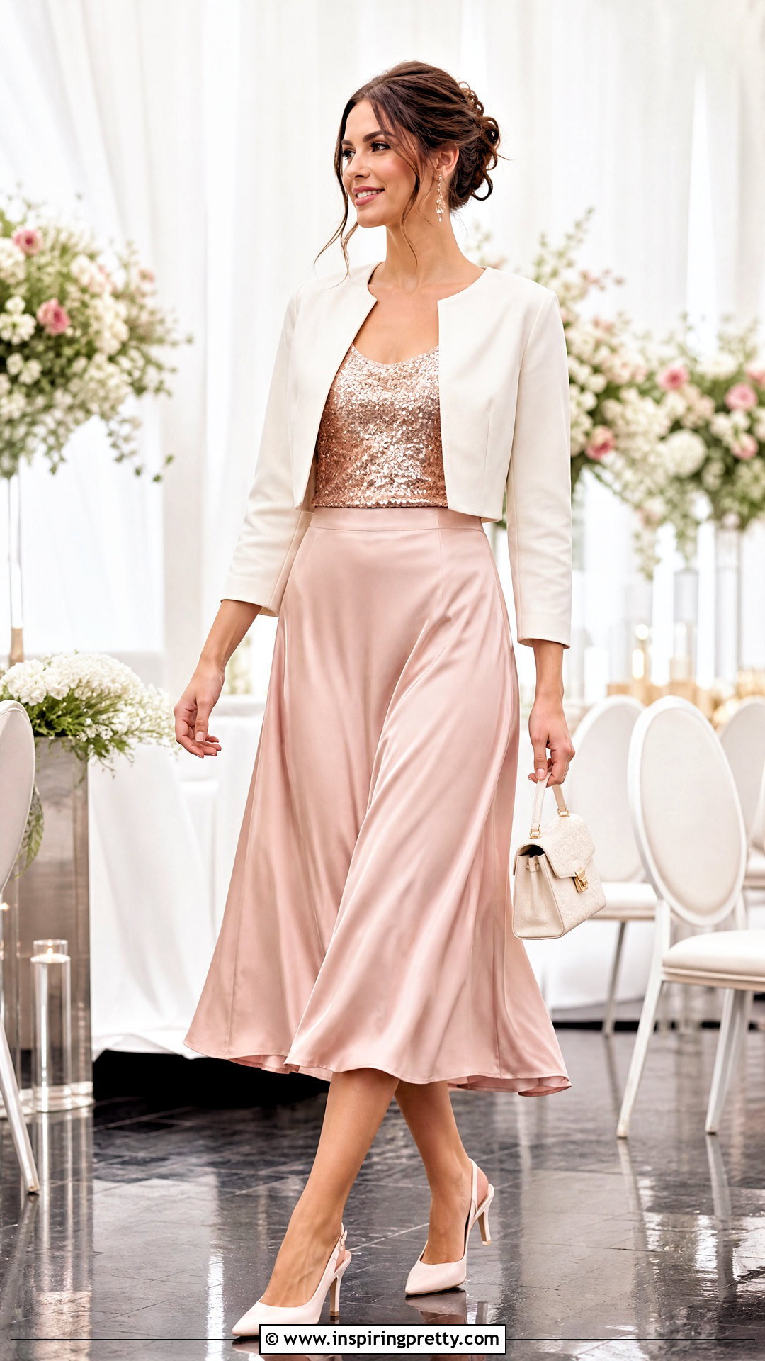 Rose Gold Sequin Tank Top With Blush Satin Midi Skirt - 20 rose gold sequin tank top outfit ideas