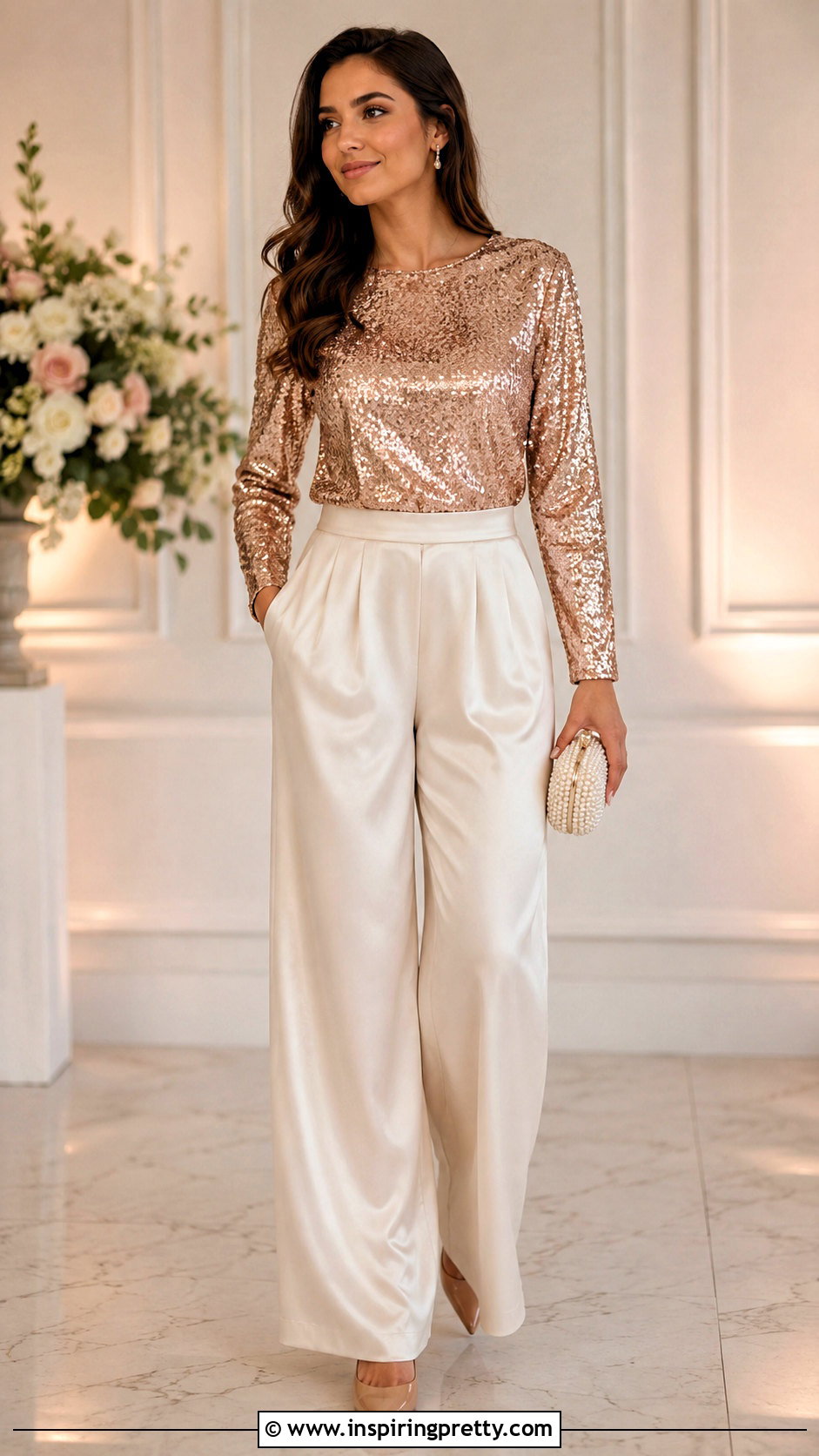 Rose Gold Sequin Top With Satin Pants - 20 sequin top for parties