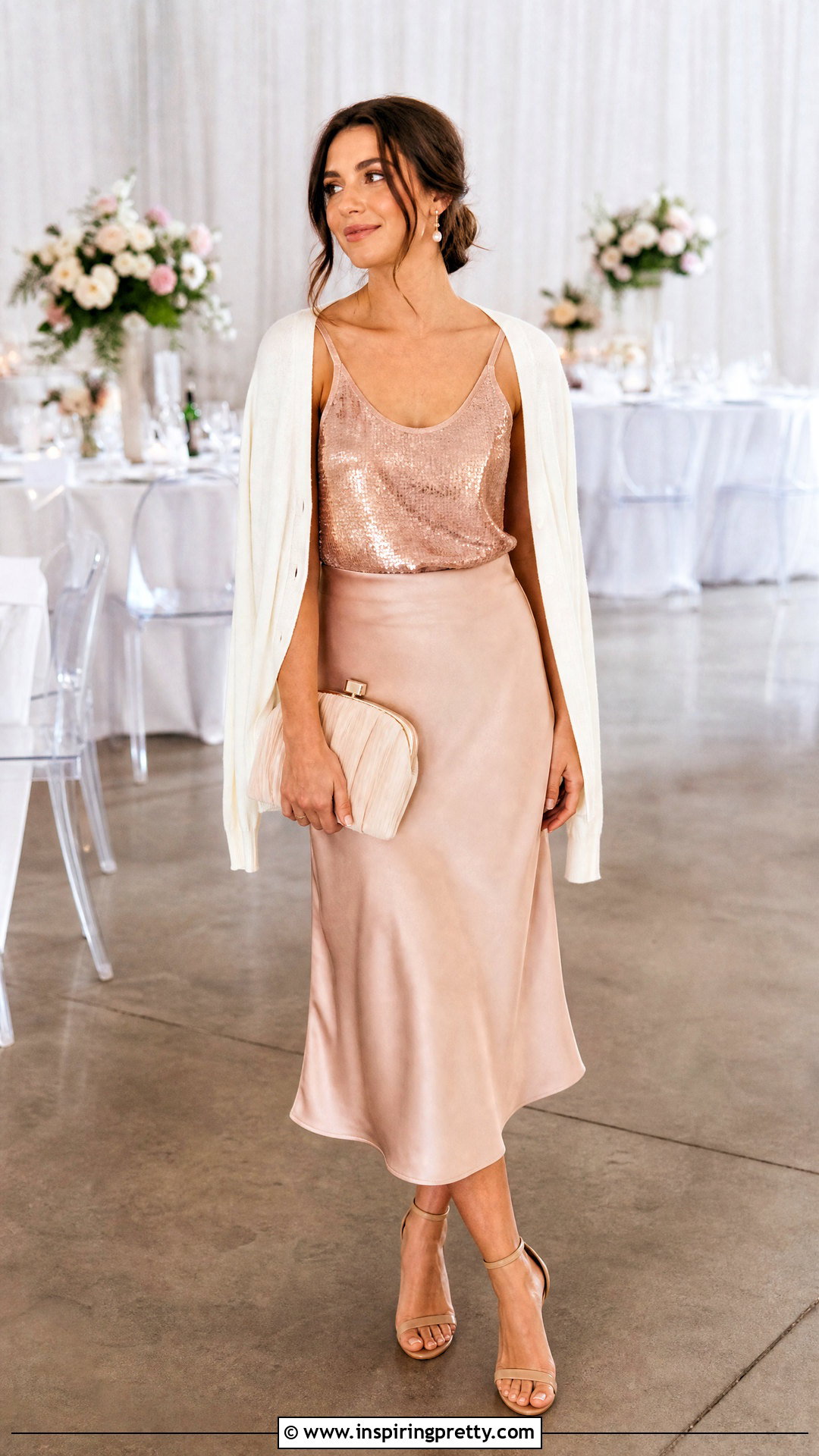 Rose Gold Tank Top With Satin Midi Skirt - 20 Rose Gold Tank Top outfit ideas