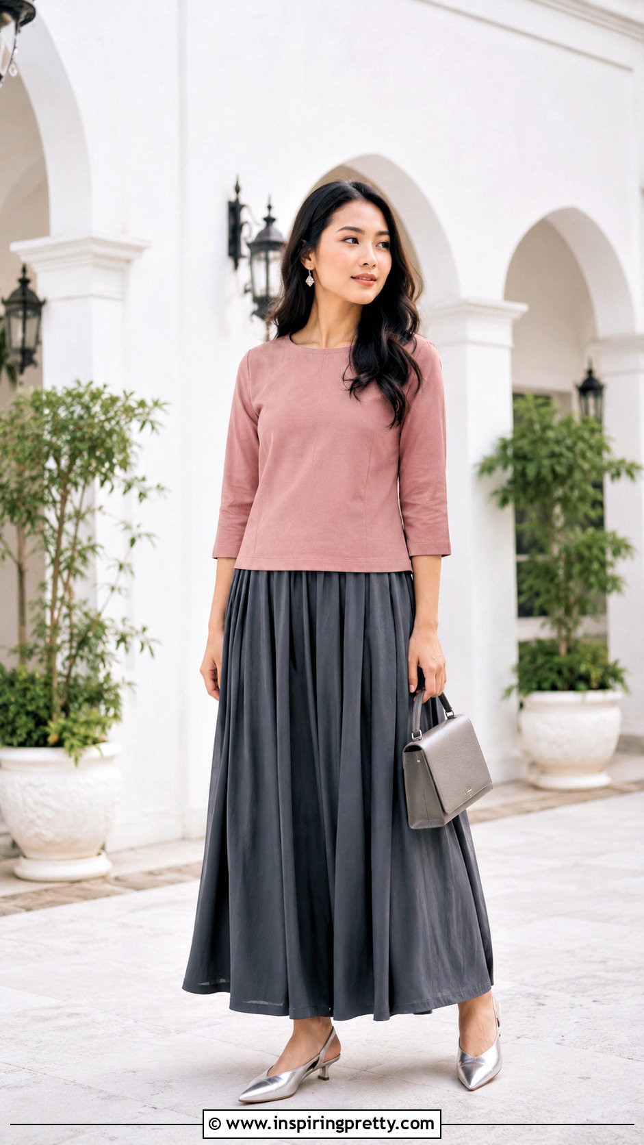 Rose Mizo Sunday Top With Gray Maxi Skirt - 50 Mizo Sunday Tops outfit ideas