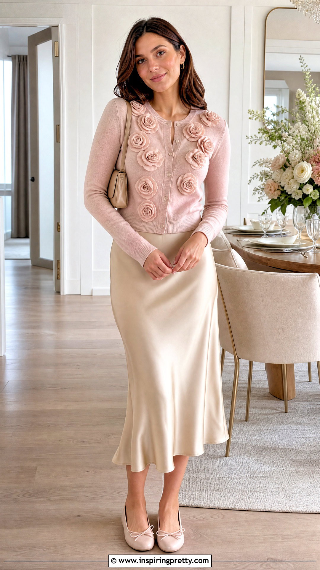 Rosette Cardigan Statement Top With Slip Skirt - 50 statement tops outfit ideas