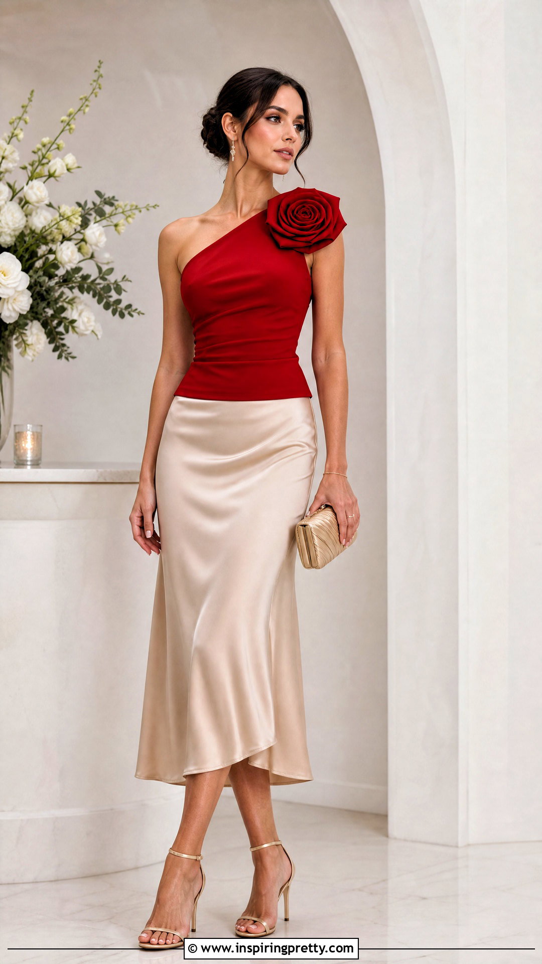 Rosette Statement Top With Satin Midi Skirt - 50 statement tops outfit ideas