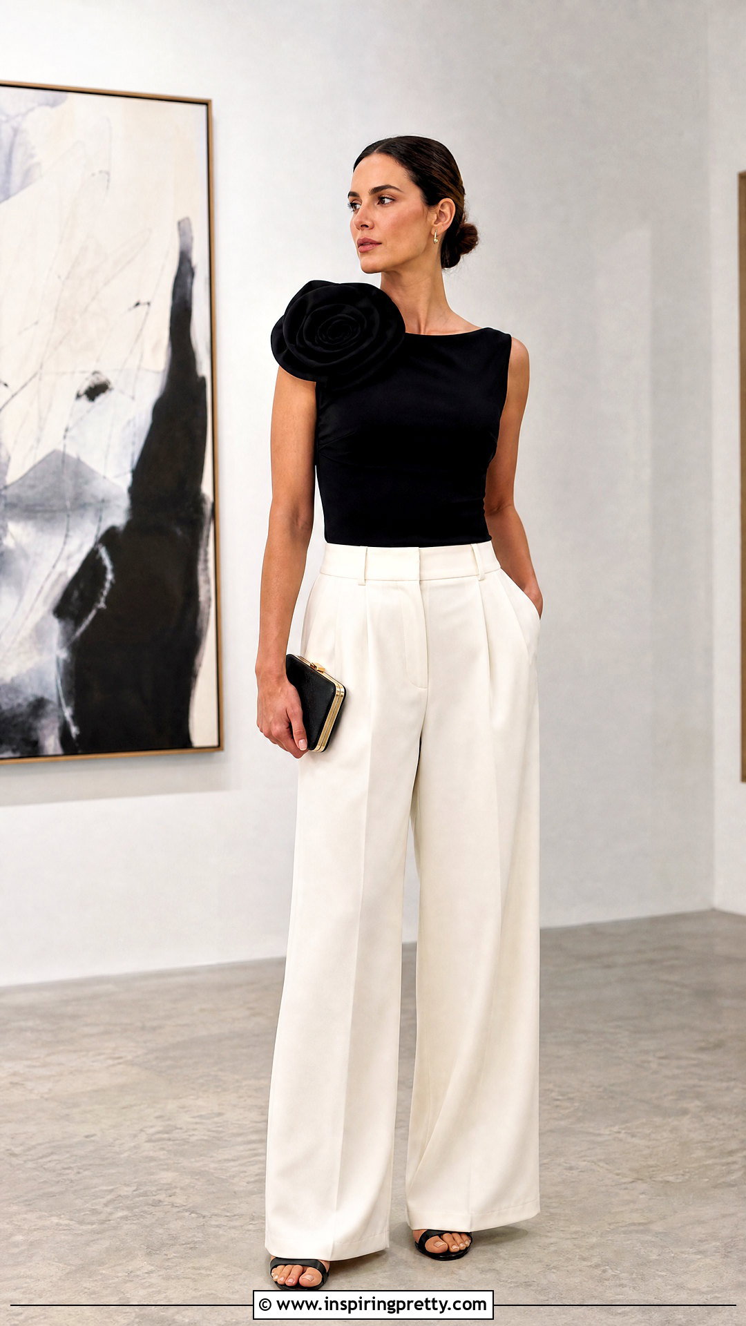 Rosette Top With Tailored Pants - 50 trending tops outfit ideas