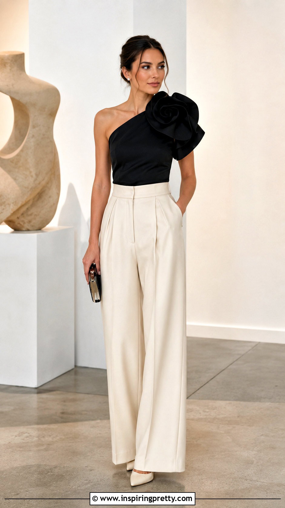 Rosette Top With Tailored Pants - 50 dressy tops outfit ideas