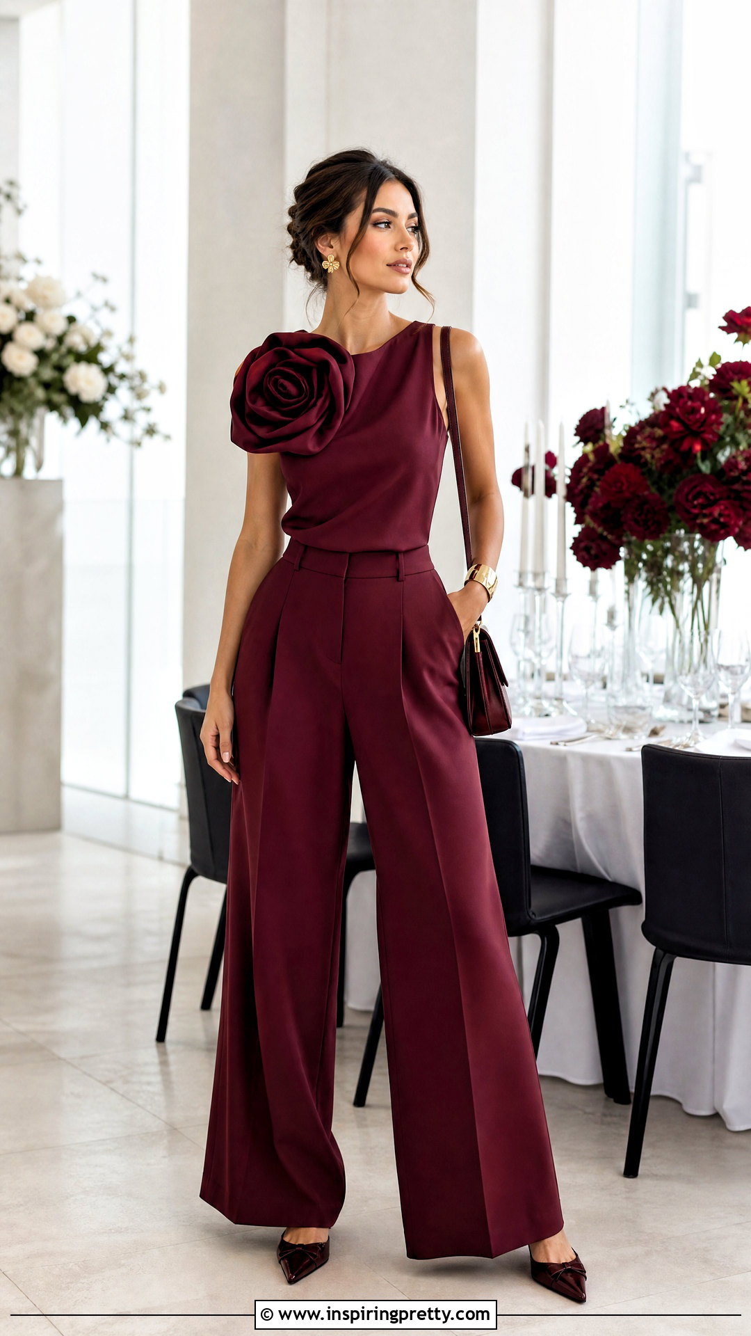 Rosette Top With Wide Leg Pants - 50 whimsical tops outfit ideas