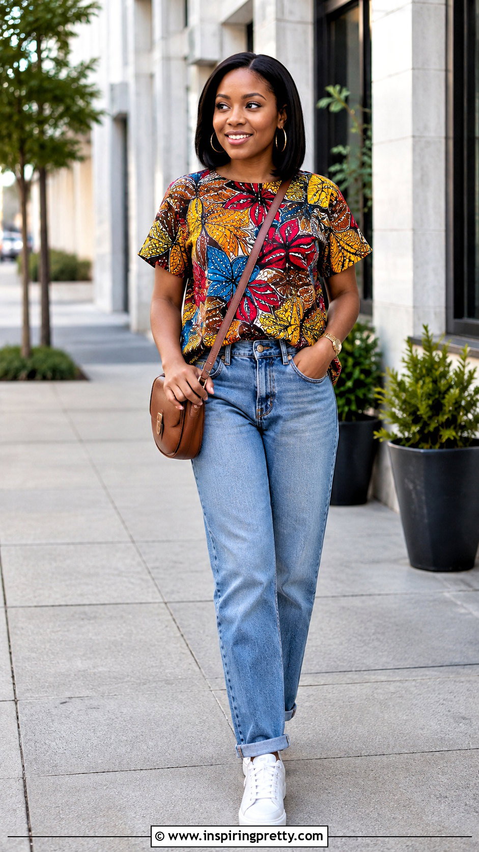 Round Neck Ankara Top With Relaxed Jeans - 50 Simple Ankara Tops With Jeans