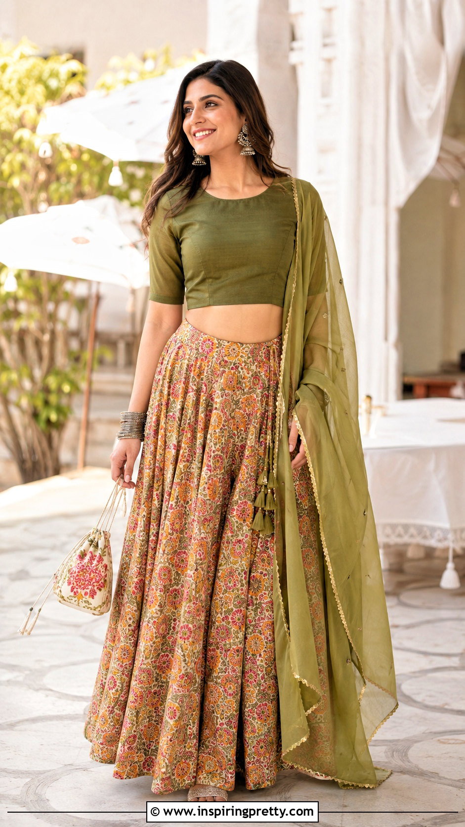 Round Neck Crop Top With Printed Skirt - 50 traditional crop top designs