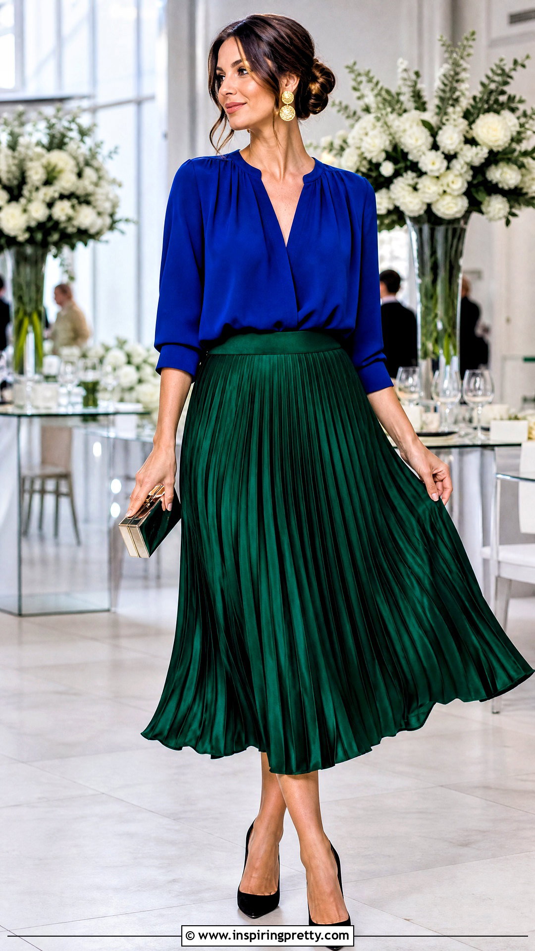 Royal Blue Blouse With Emerald Pleated Skirt - 20 Blue And Green Fashion Top outfit ideas