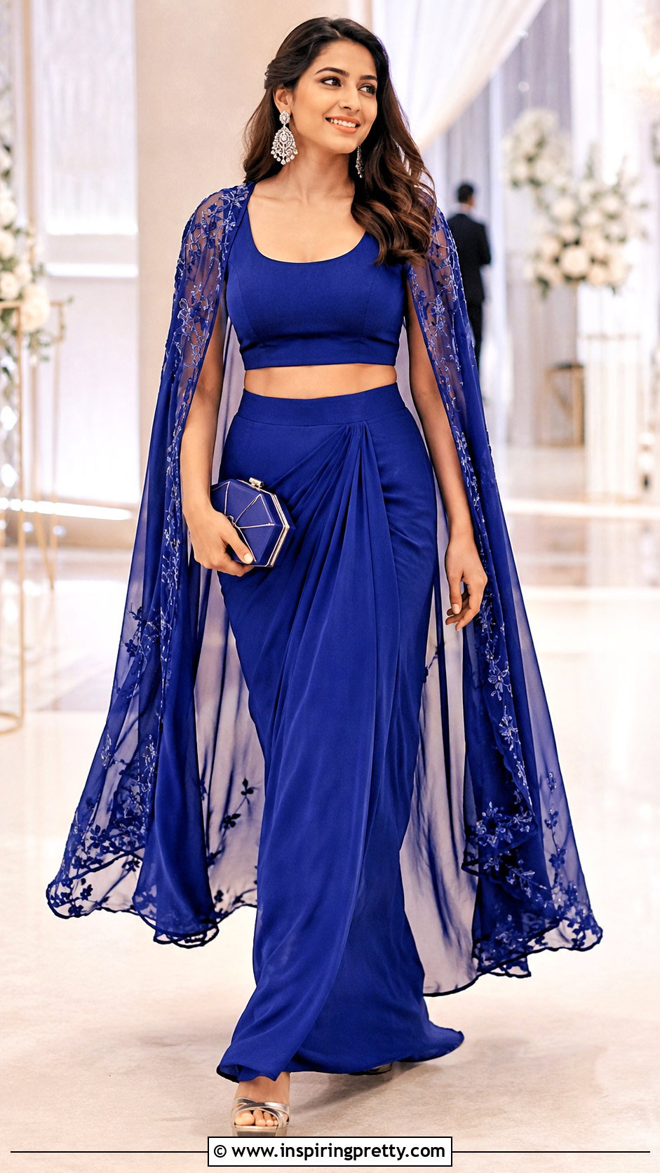 Royal Blue Cape Lehenga Crop Top Outfit - 50 party wear lehenga crop tops outfit ideas