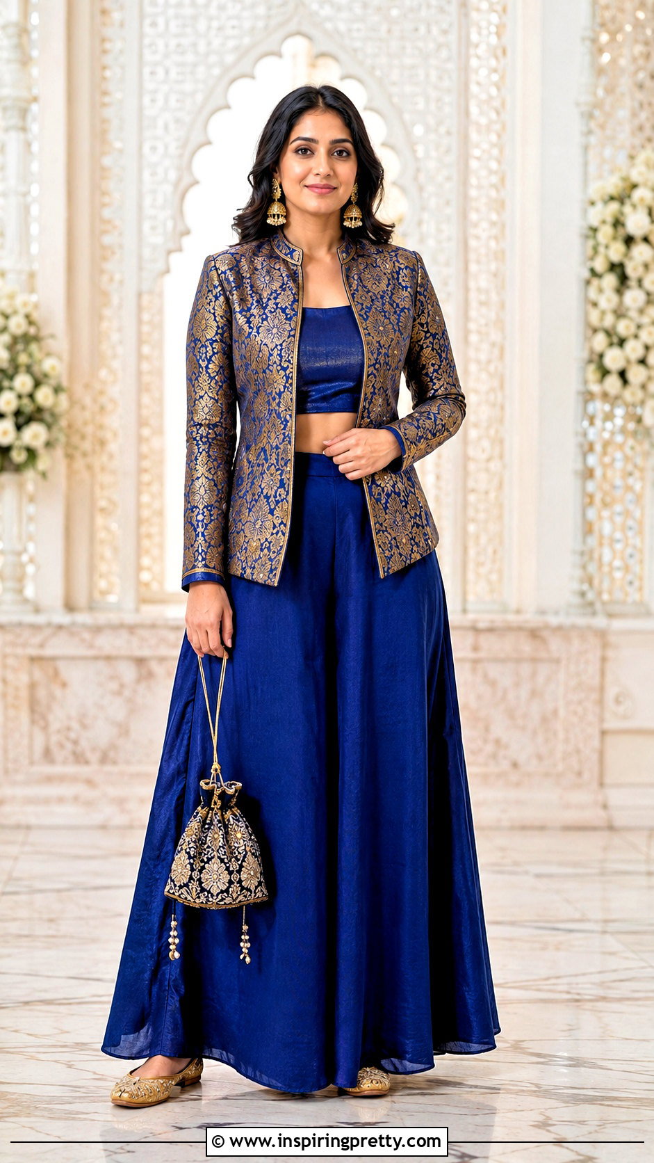 Royal Blue Crop Top Palazzo With Brocade Jacket - 25 crop top palazzo with jacket indian outfit ideas