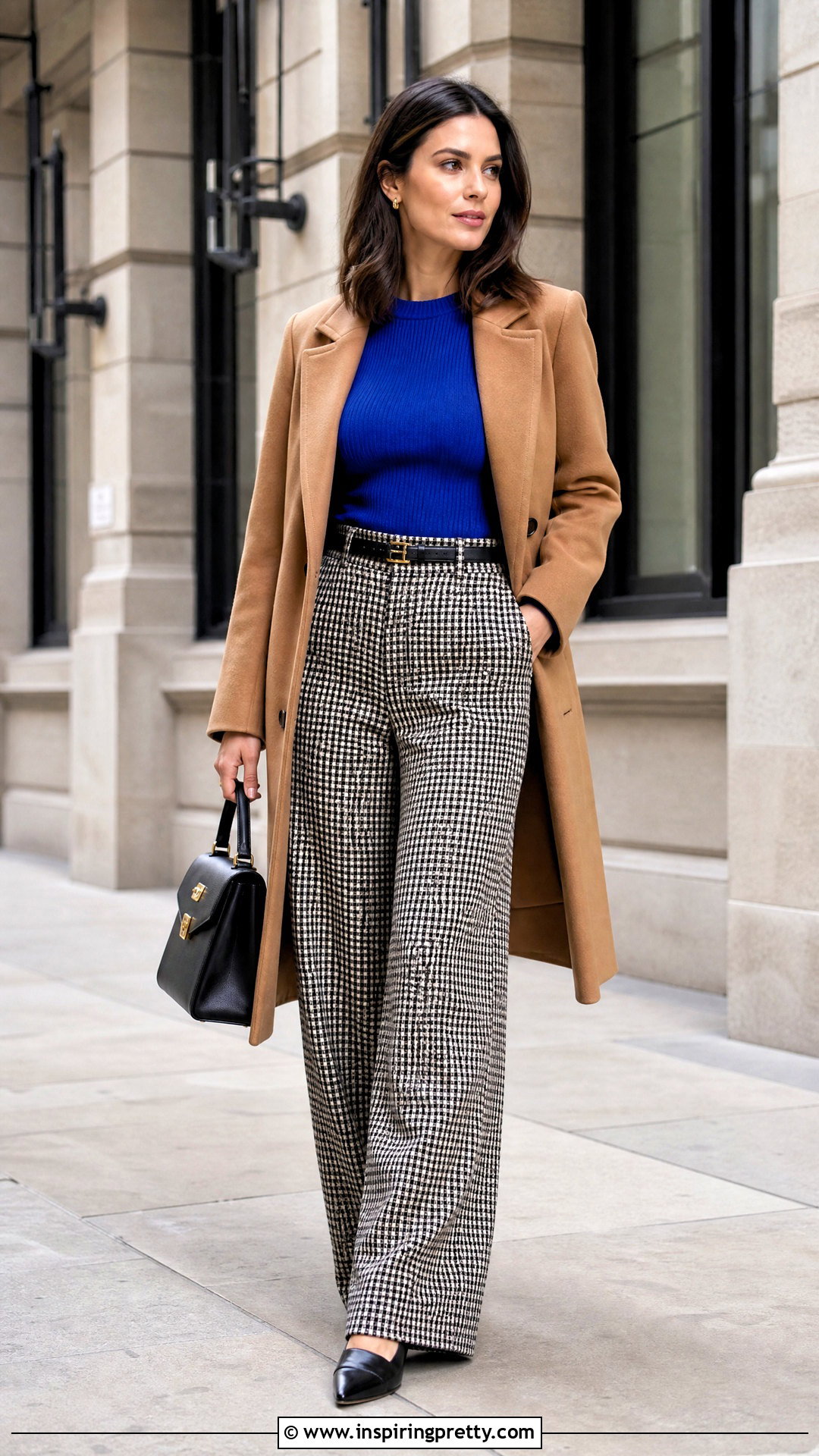 Royal Blue Knit Top With Houndstooth Trousers - 20 Preppy Blue Top outfit ideas