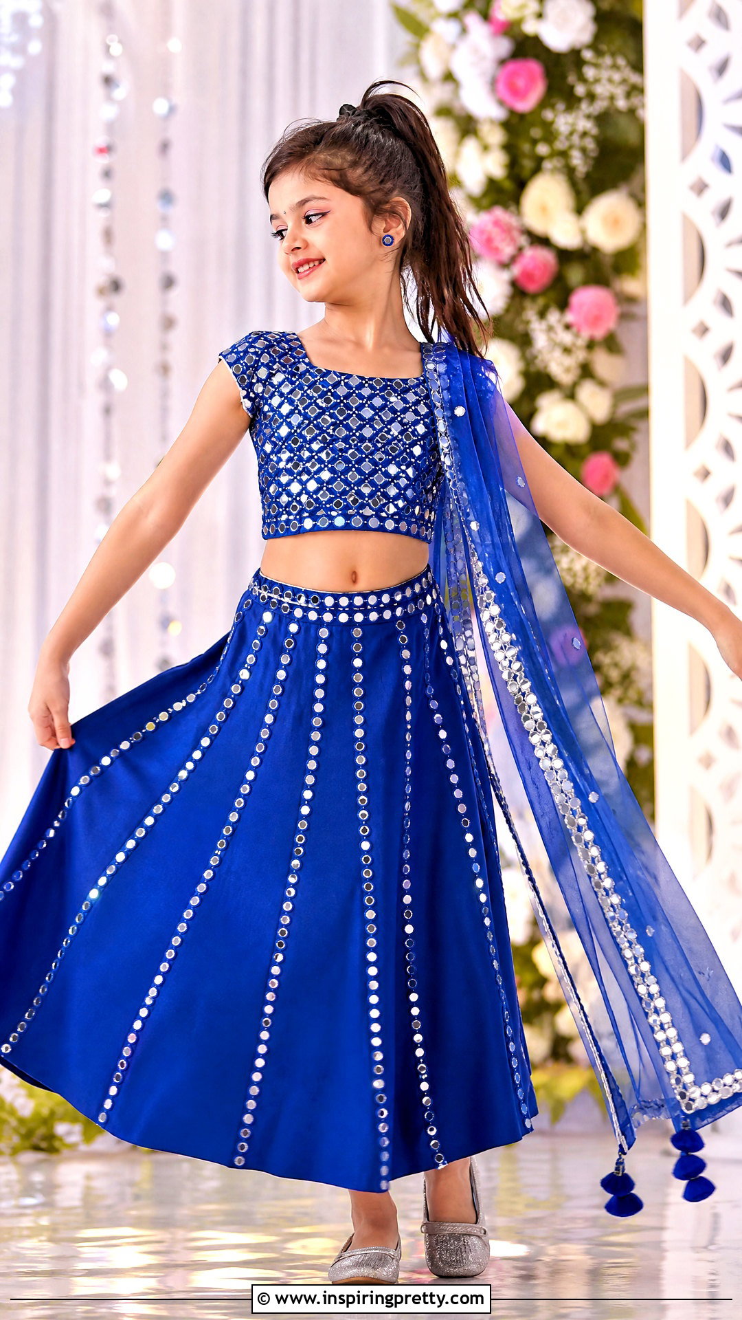 Royal Blue Mirror Kids Crop Top Lehenga - 50 kids crop top lehenga designs