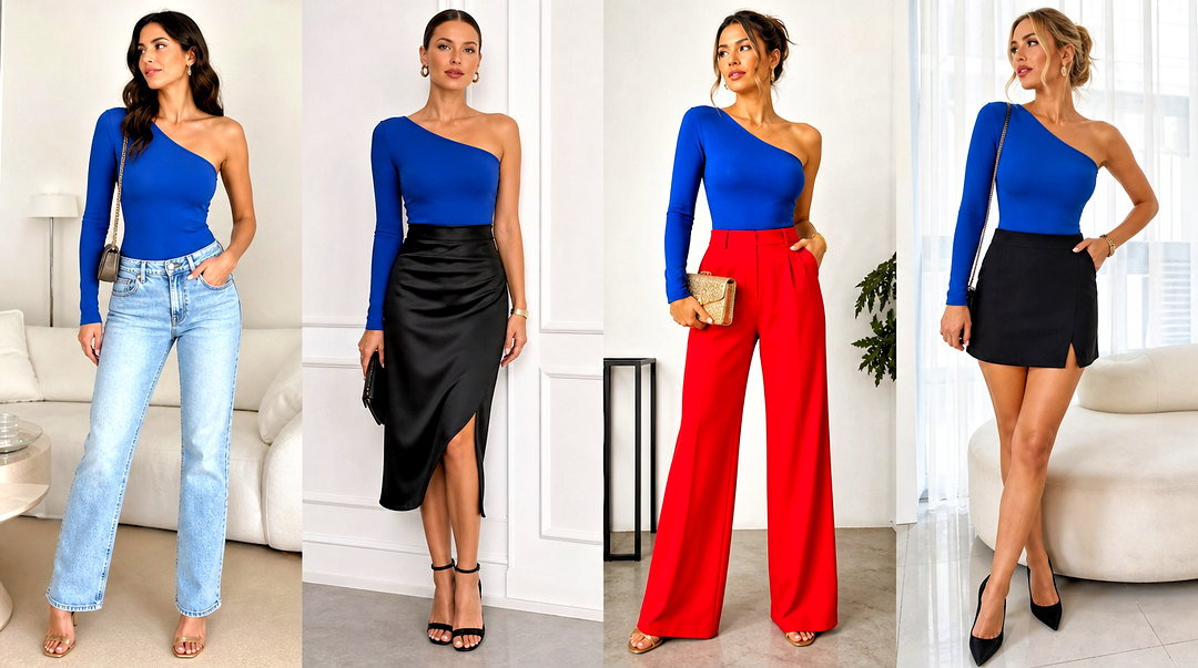 25 Royal Blue One Shoulder Top Outfit Ideas Chic Party Looks