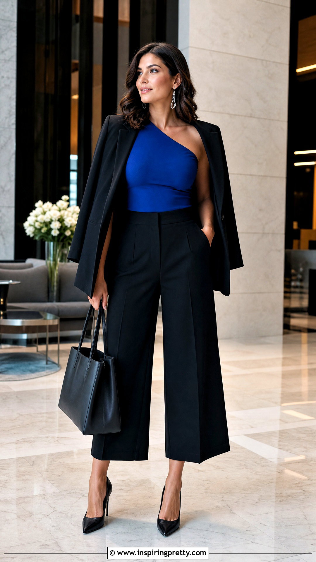 Royal Blue One Shoulder Top With Black Culottes - 25 Royal Blue One Shoulder Top outfit ideas