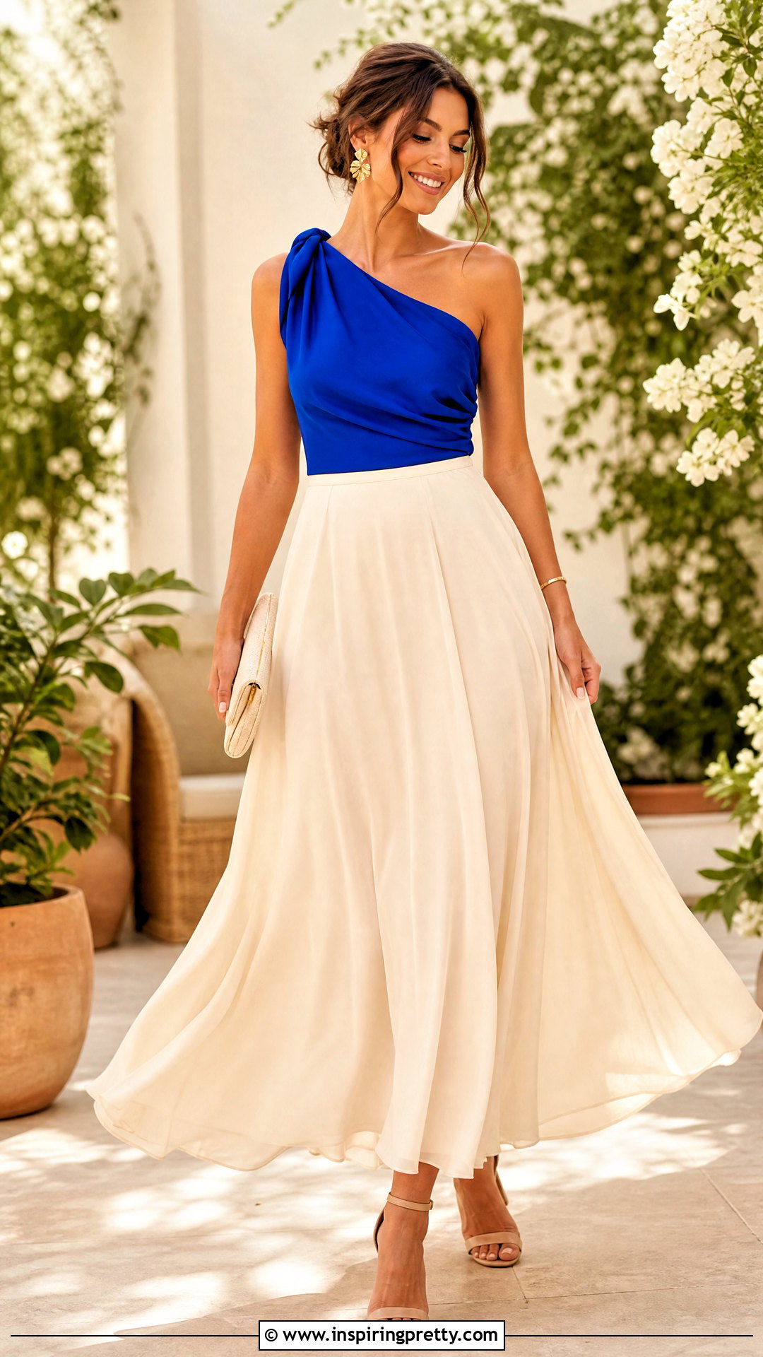 Royal Blue One Shoulder Top With Cream Maxi Skirt - 25 Royal Blue One Shoulder Top outfit ideas