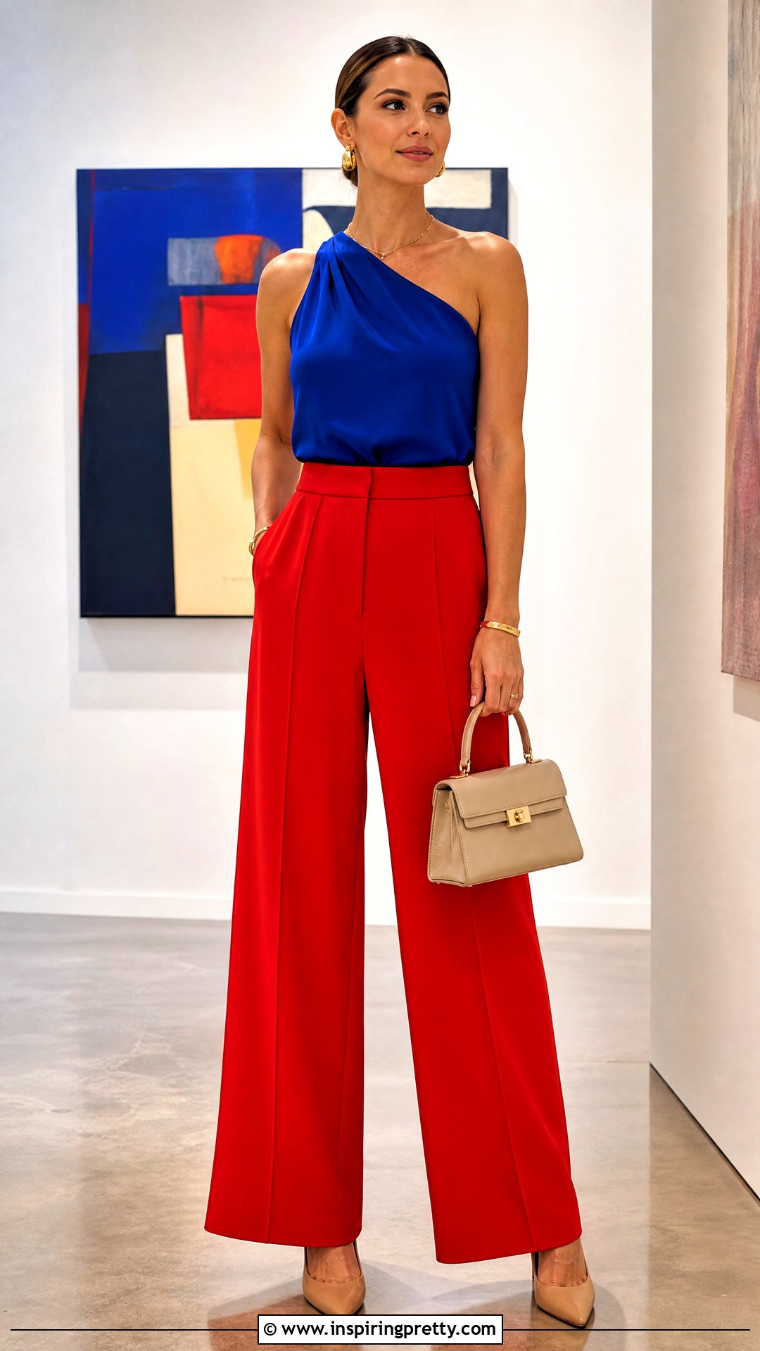 Royal Blue One Shoulder Top With Red Wide Leg Pants - 25 Royal Blue One Shoulder Top outfit ideas