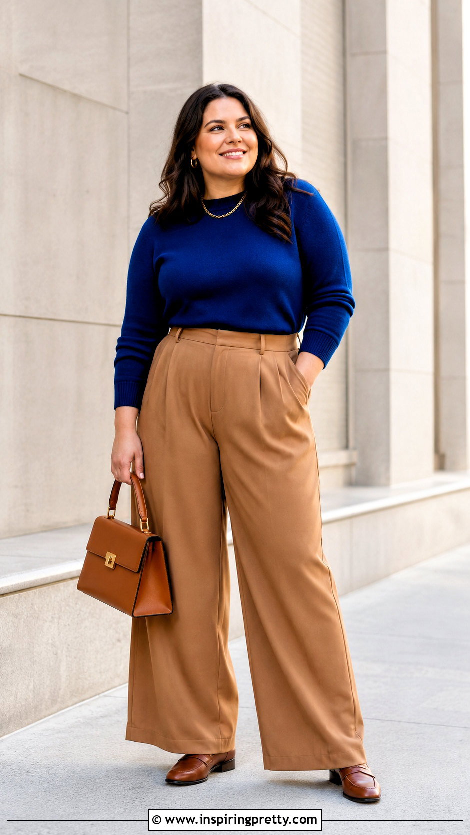 Royal Blue Plus Size Sweater With Camel Trousers - 20 royal blue plus size tops outfit ideas