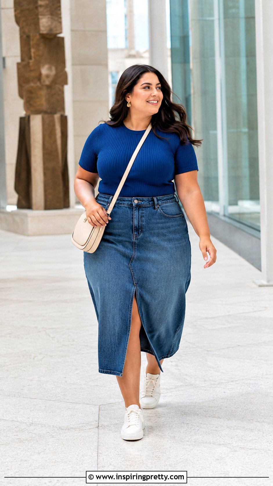 Royal Blue Plus Size Top With Denim Midi Skirt - 20 royal blue plus size tops outfit ideas