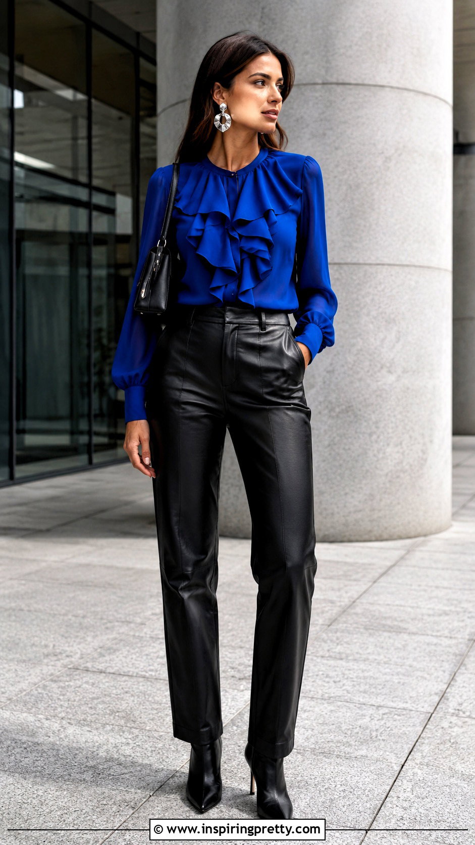 Royal Blue Ruffle Top With Black Leather Pants - 25 Royal Blue Ruffle Top outfit ideas