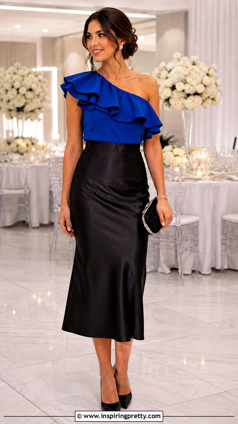 Royal Blue Ruffle Top With Black Satin Midi Skirt - 25 Royal Blue Ruffle Top outfit ideas