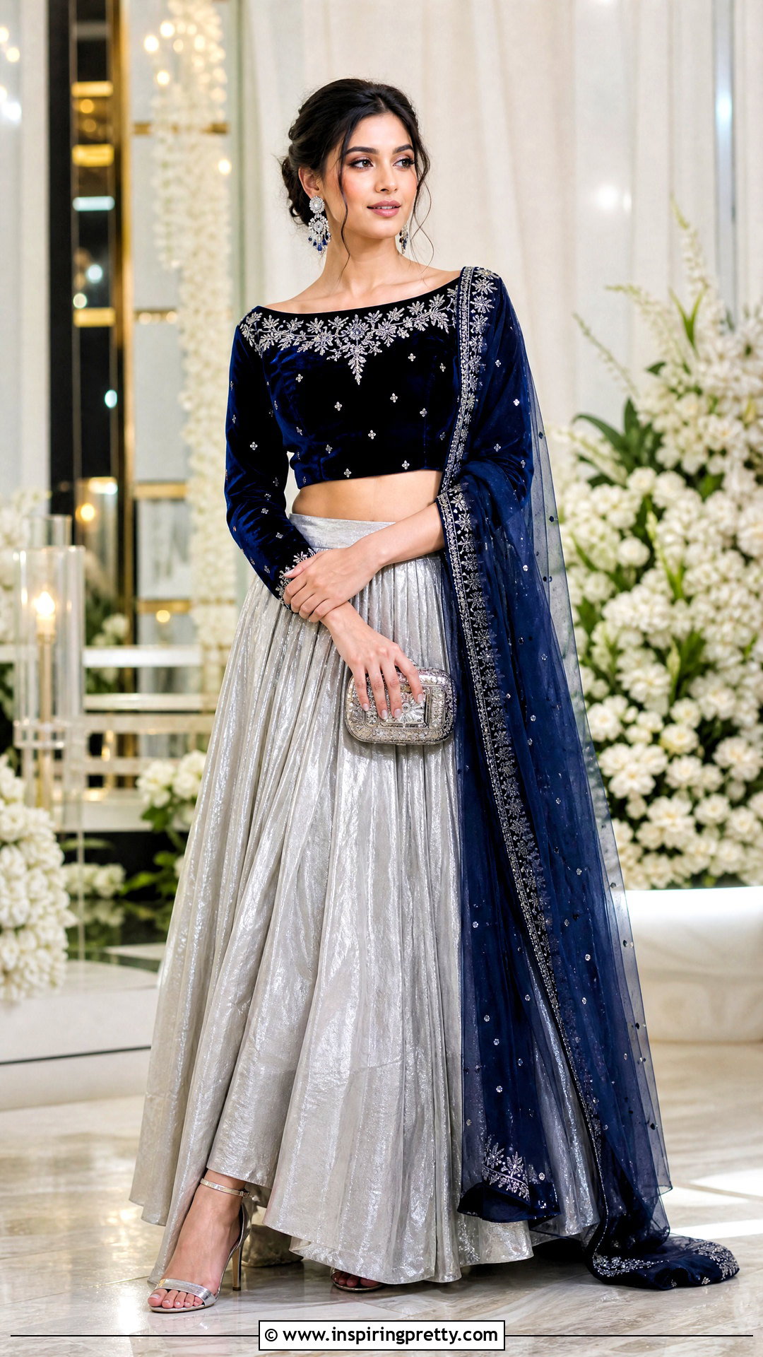 Royal Blue Velvet Crop Top With Silver Lehenga - 50 velvet crop top designs for lehengas