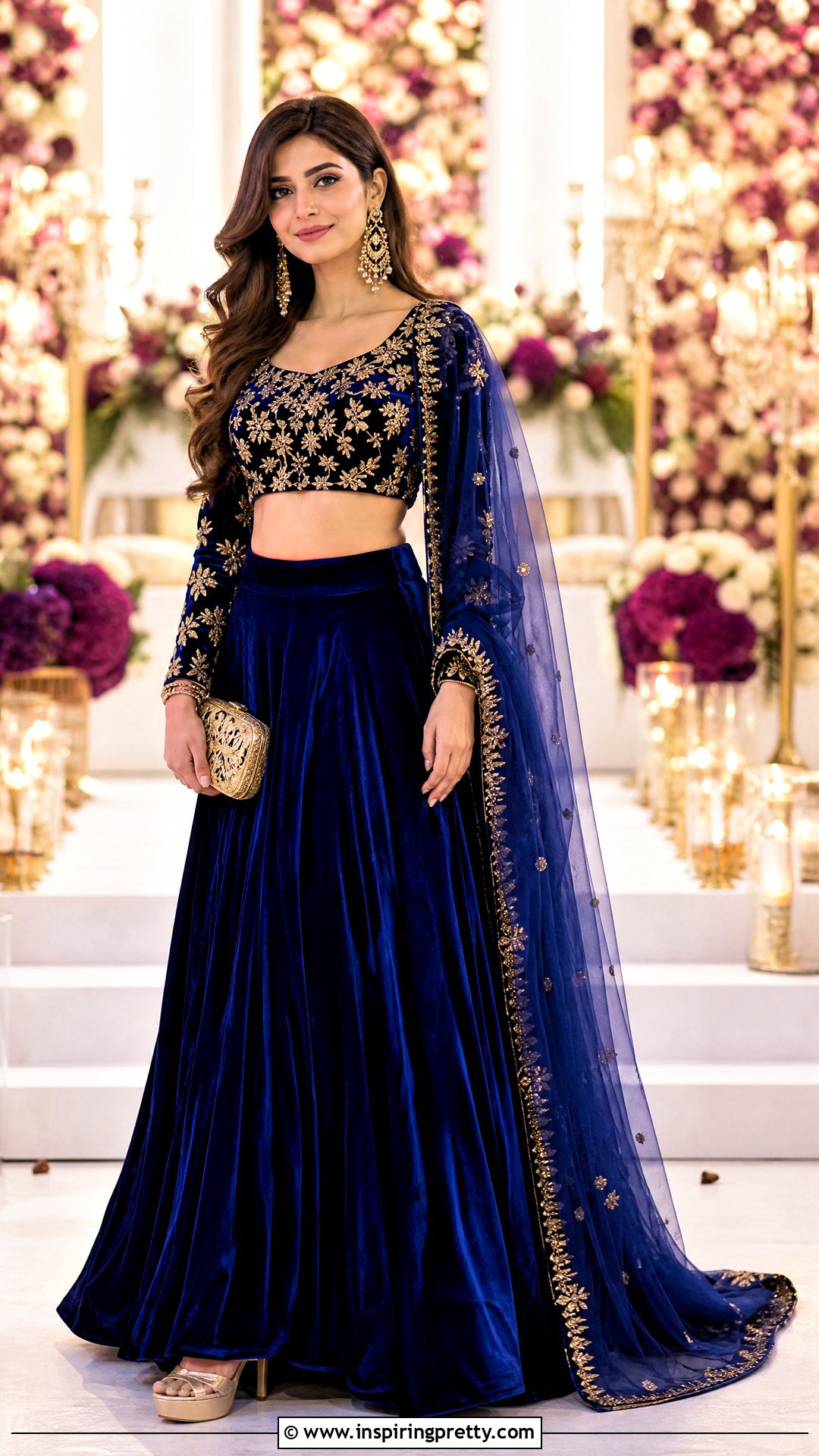 Royal Blue Velvet Lehenga Crop Top Outfit - 25 lahnga crop top outfit ideas