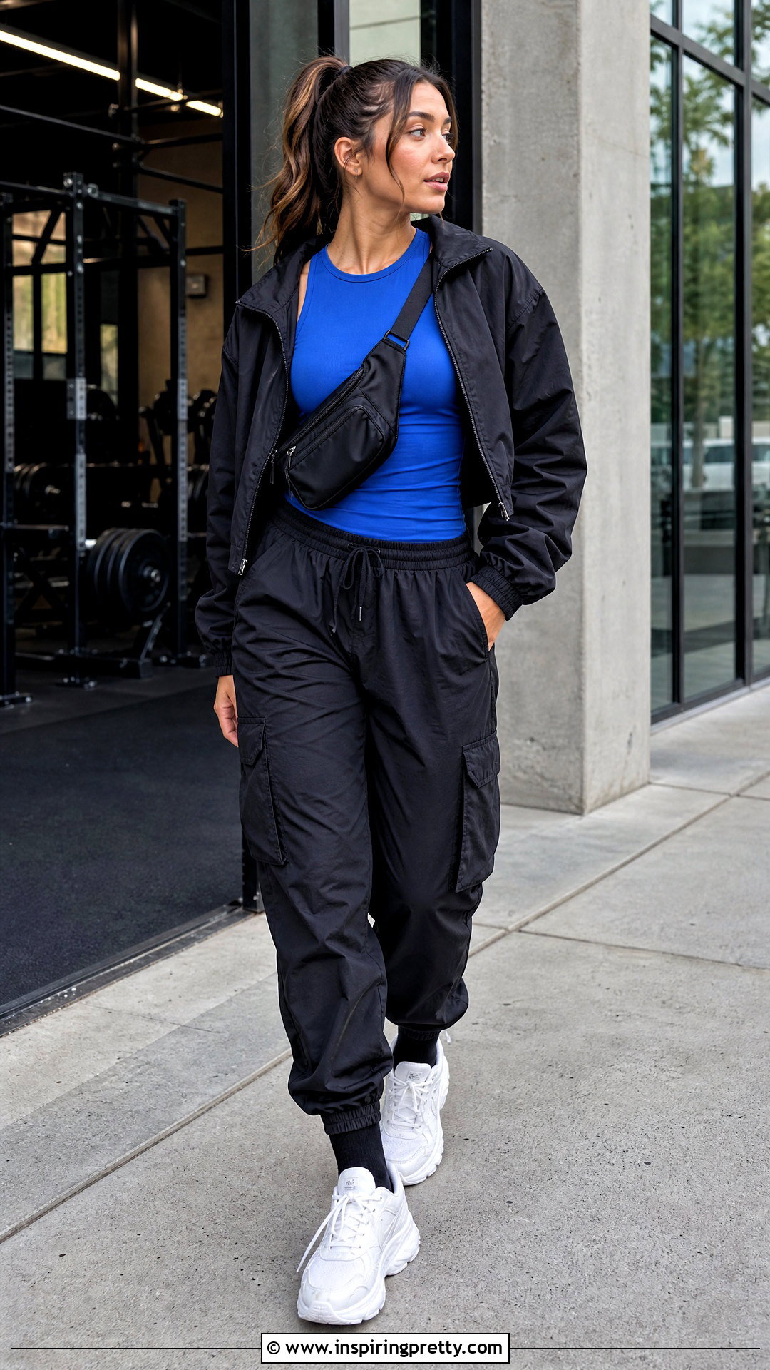Royal Blue Workout Top With Black Cargo Joggers - 20 royal blue workout top outfit ideas