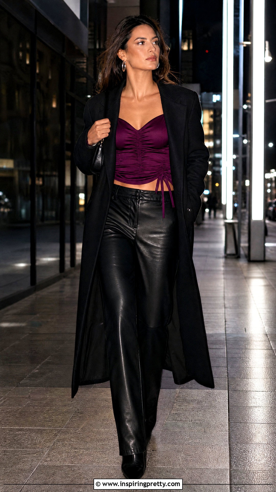 Ruched Going Out Top With Faux Leather Pants - 50 cute going out tops outfit ideas