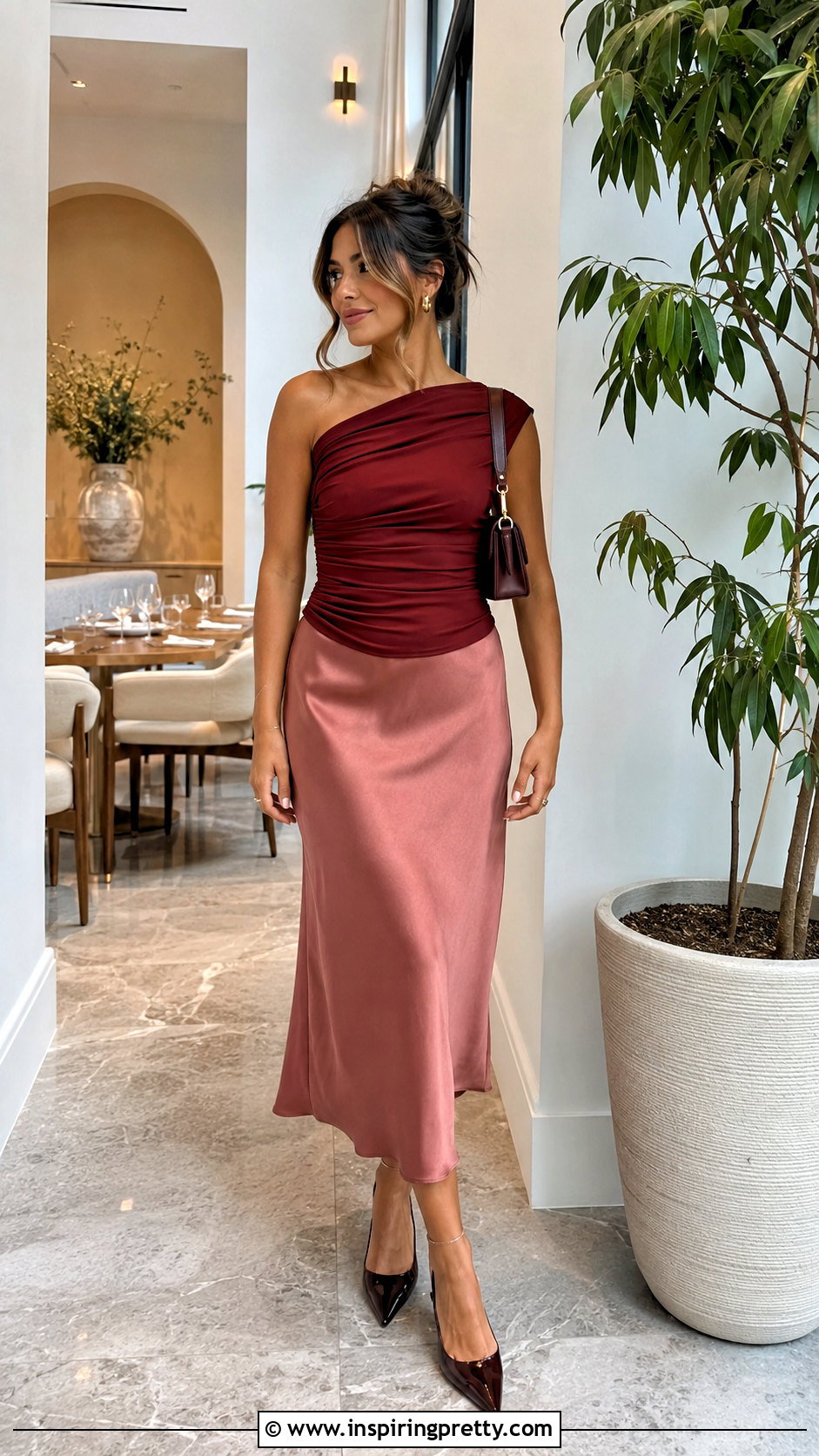 Ruched Half Shoulder Top With Midi Skirt - 50 half shoulder top outfit ideas