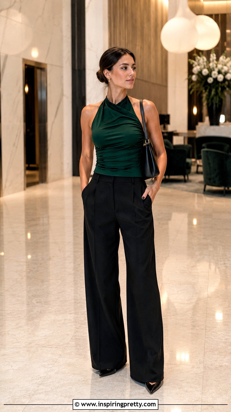Ruched Halter Top With Tailored Pants - 50 halter top outfit classy ideas