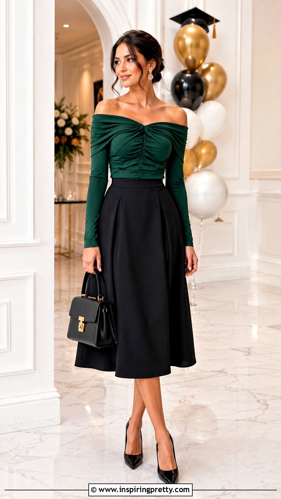 Ruched Long Sleeve Off Shoulder Top With Midi Skirt - 50 long sleeve off shoulder top outfit ideas