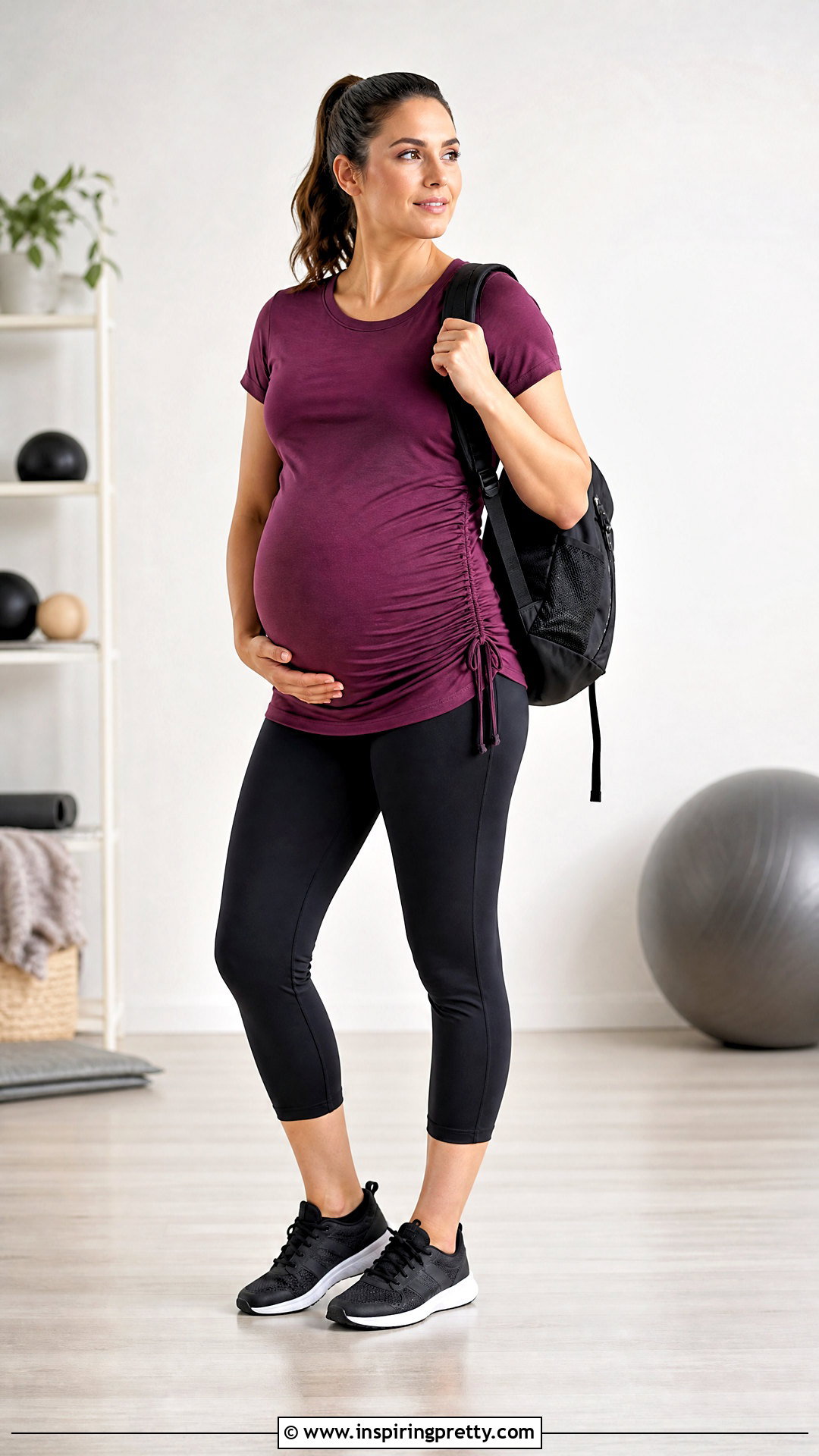 Ruched Maternity Workout Tee With Capri Leggings - 20 Maternity Workout Tops outfit ideas