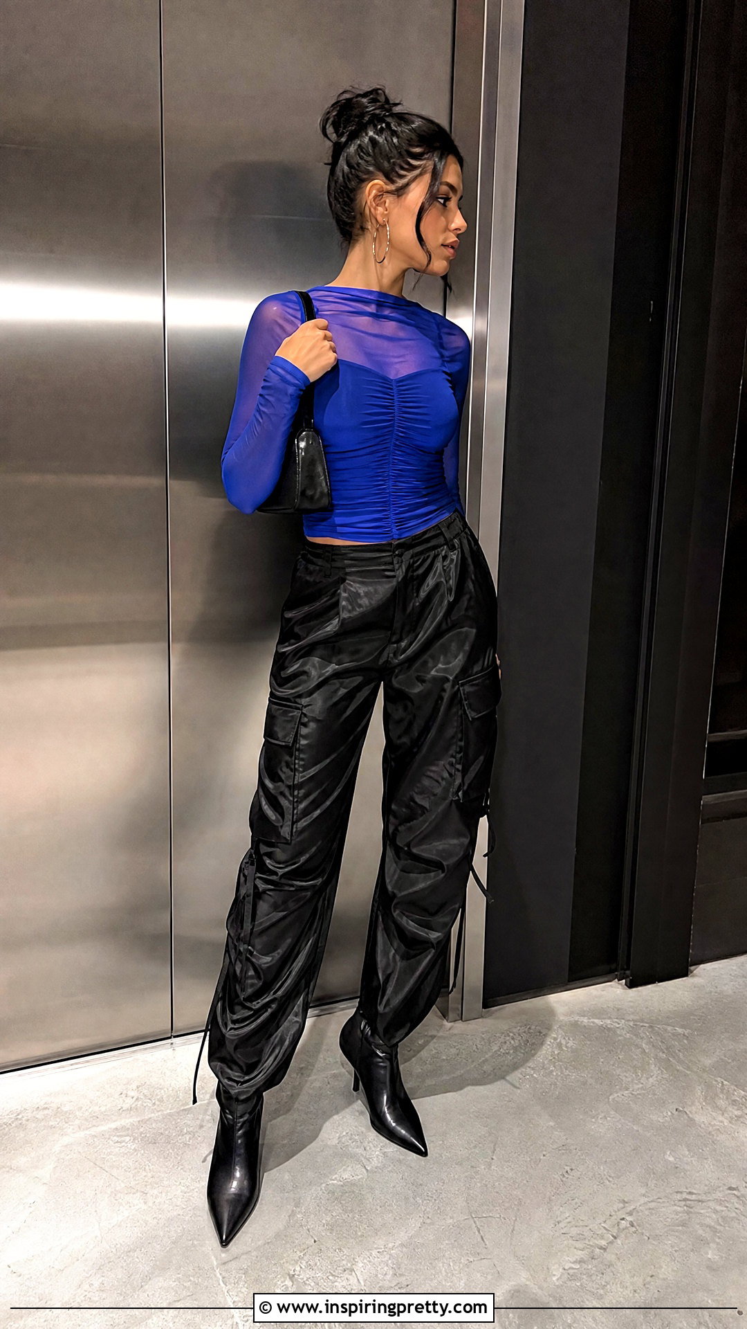 Ruched Mesh Party Top With Cargo Pants - 50 party tops outfit ideas