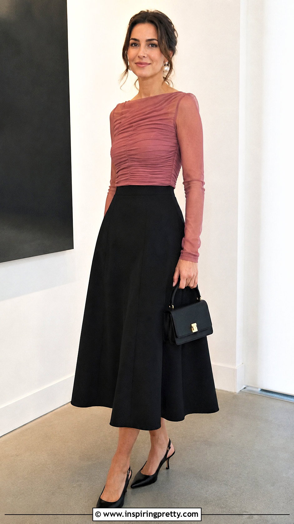 Ruched Mesh Top With Black Midi Skirt - 20 cute girly tops for women